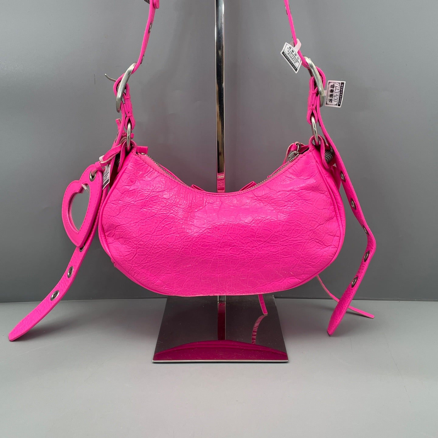 Balenciaga - Bow Detail Crescent Shoulder Bag - Distressed lambskin leather - Fuchsia - (Mini)