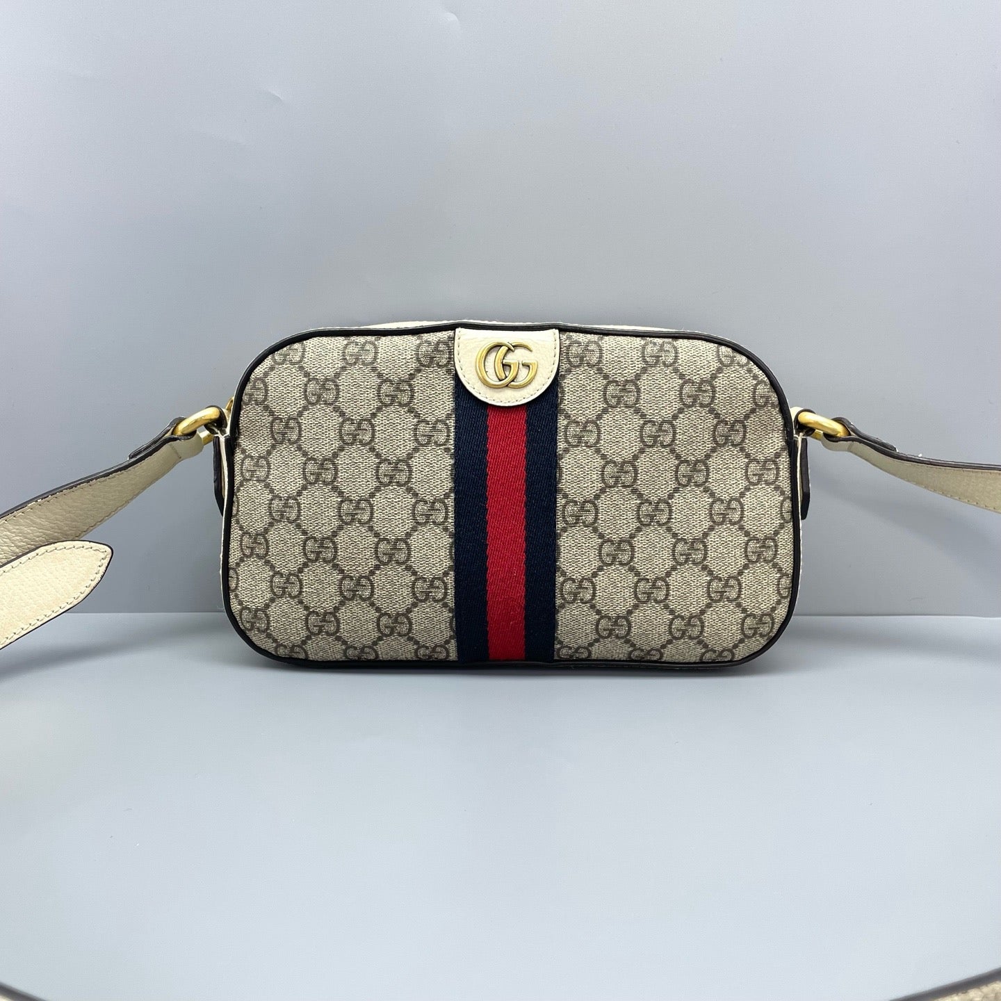 Gucci - Ophidia GG Camera Bag - GG Supreme coated canvas with leather trim - Beige with white trim - (medium)