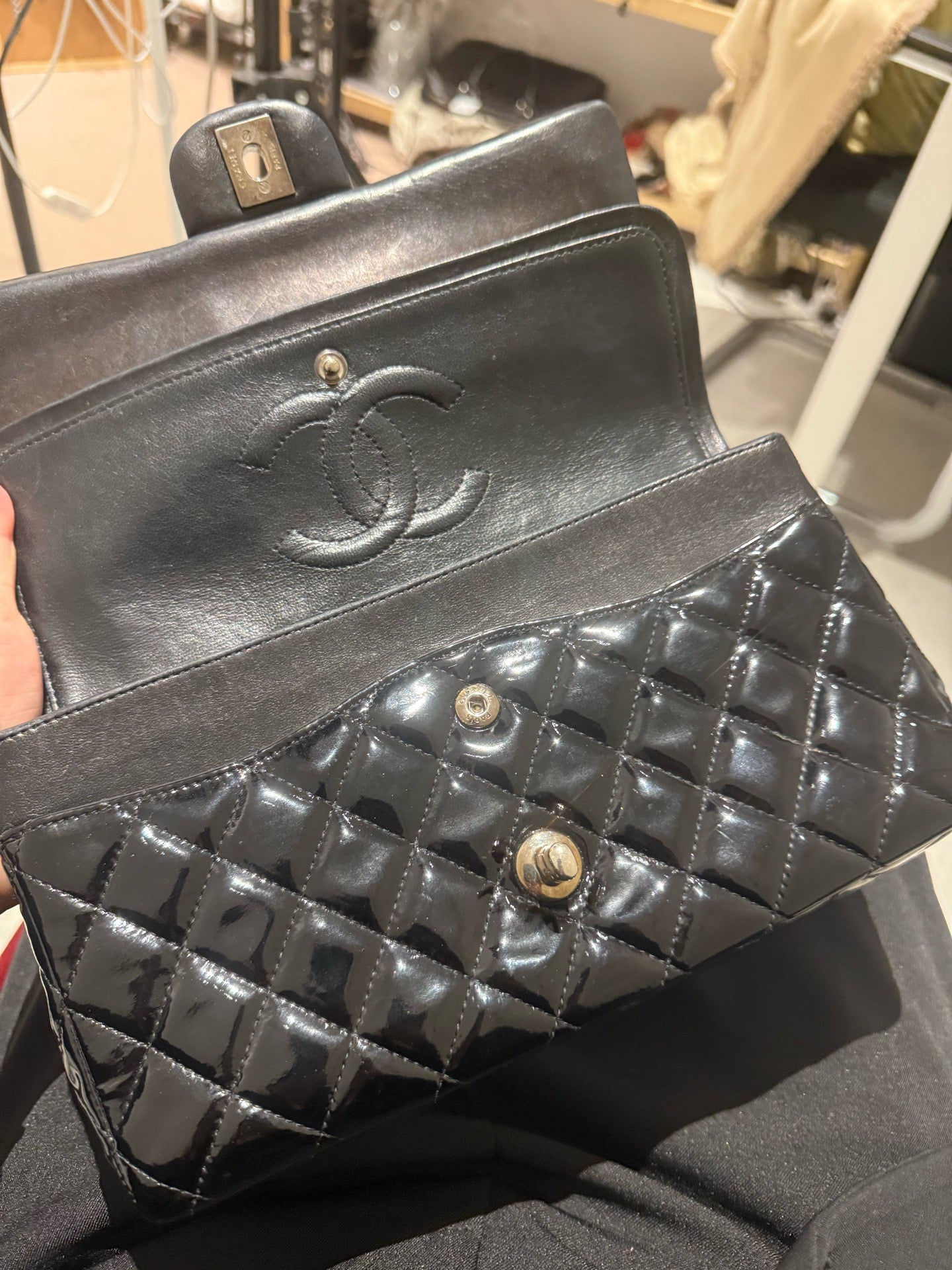 Chanel - Classic Flap Medium Double Flap Bag - Patent leather - Black - (Medium)
