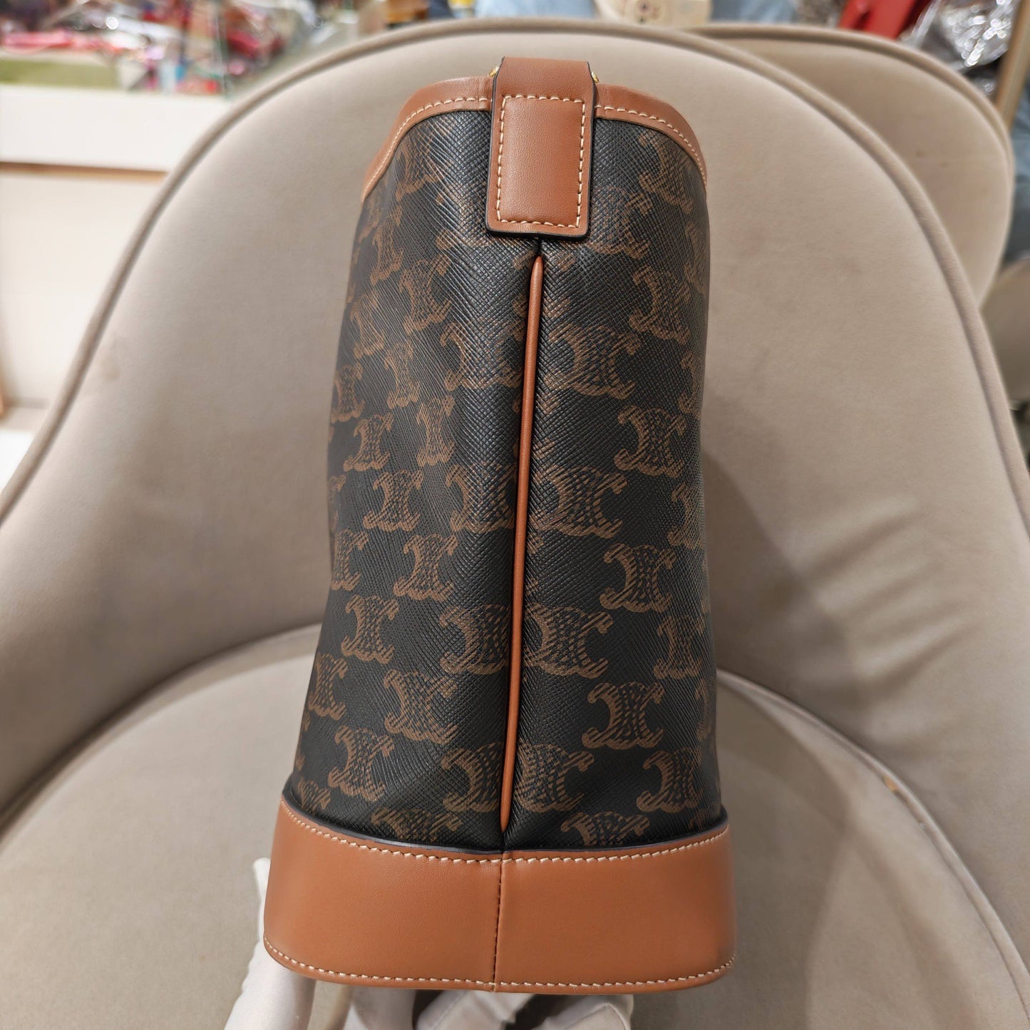 Celine - Triomphe Canvas Small Bucket Bag - Triomphe Canvas with calfskin leather trim - Brown - (small)