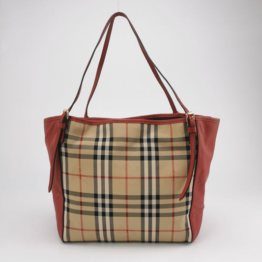 Burberry - Nova Check Leather Trim Tote Bag - Coated canvas with pebbled leather trim - Multicolour (beige, black, red, white, blue check with red leather) - (Medium)