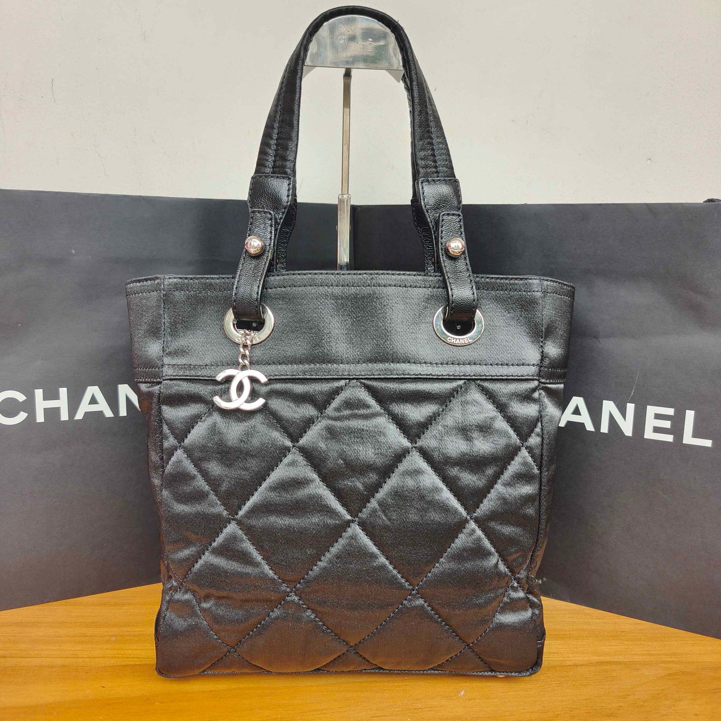 Chanel - Quilted Goatskin and Coated Canvas Tote Bag - Goatskin leather and coated canvas - Black with Silver-Tone Hardware - (Medium)