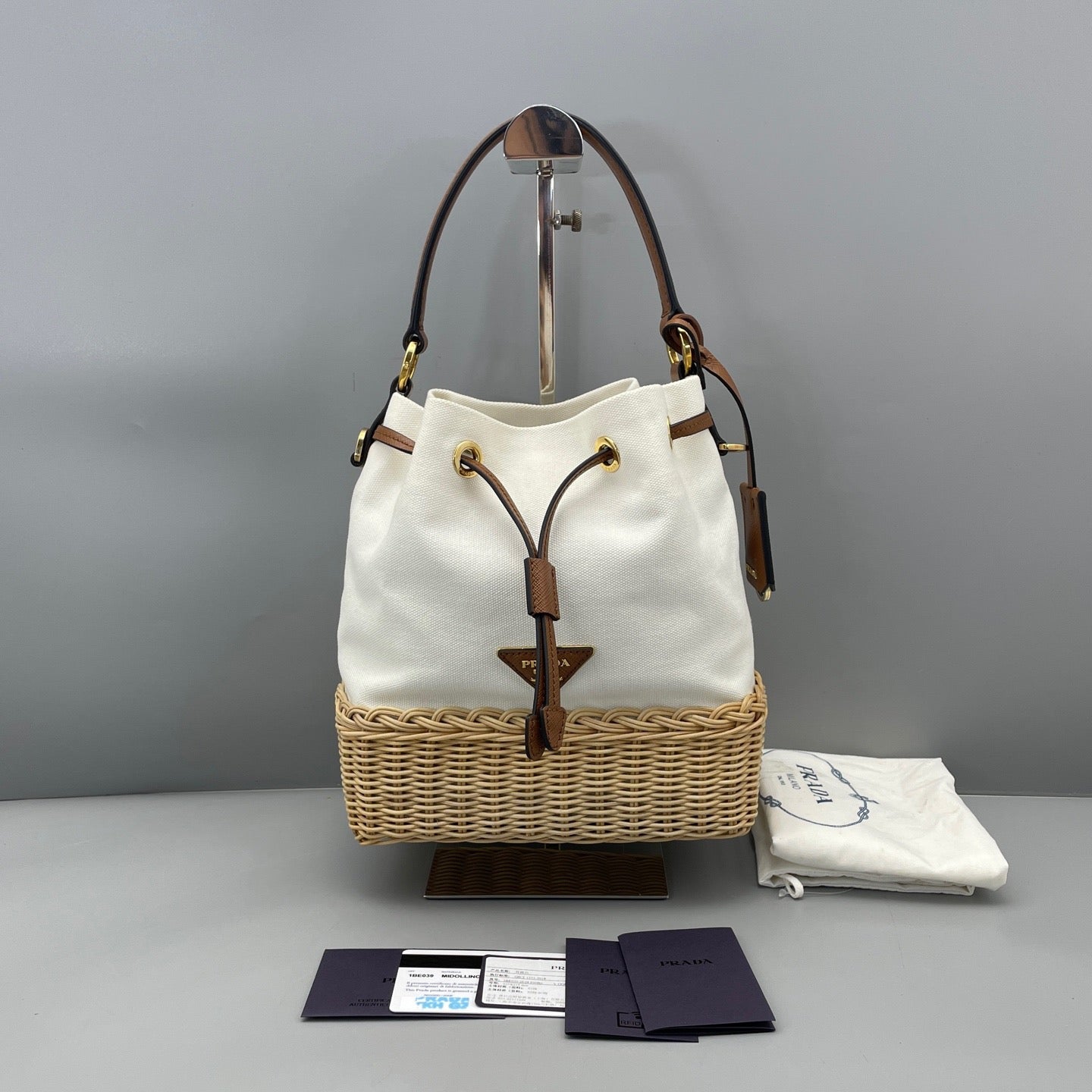 Prada - Rattan Canvas Bucket Bag - Canvas, Wicker, Saffiano Leather - White - (Medium)