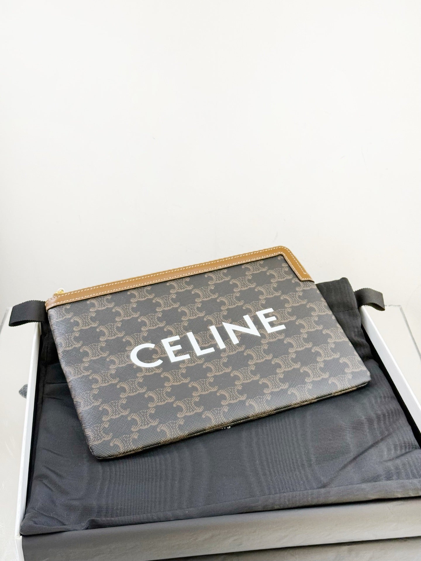 Celine - Triomphe Canvas Clutch - Triomphe coated canvas with leather trim - Brown - (medium)