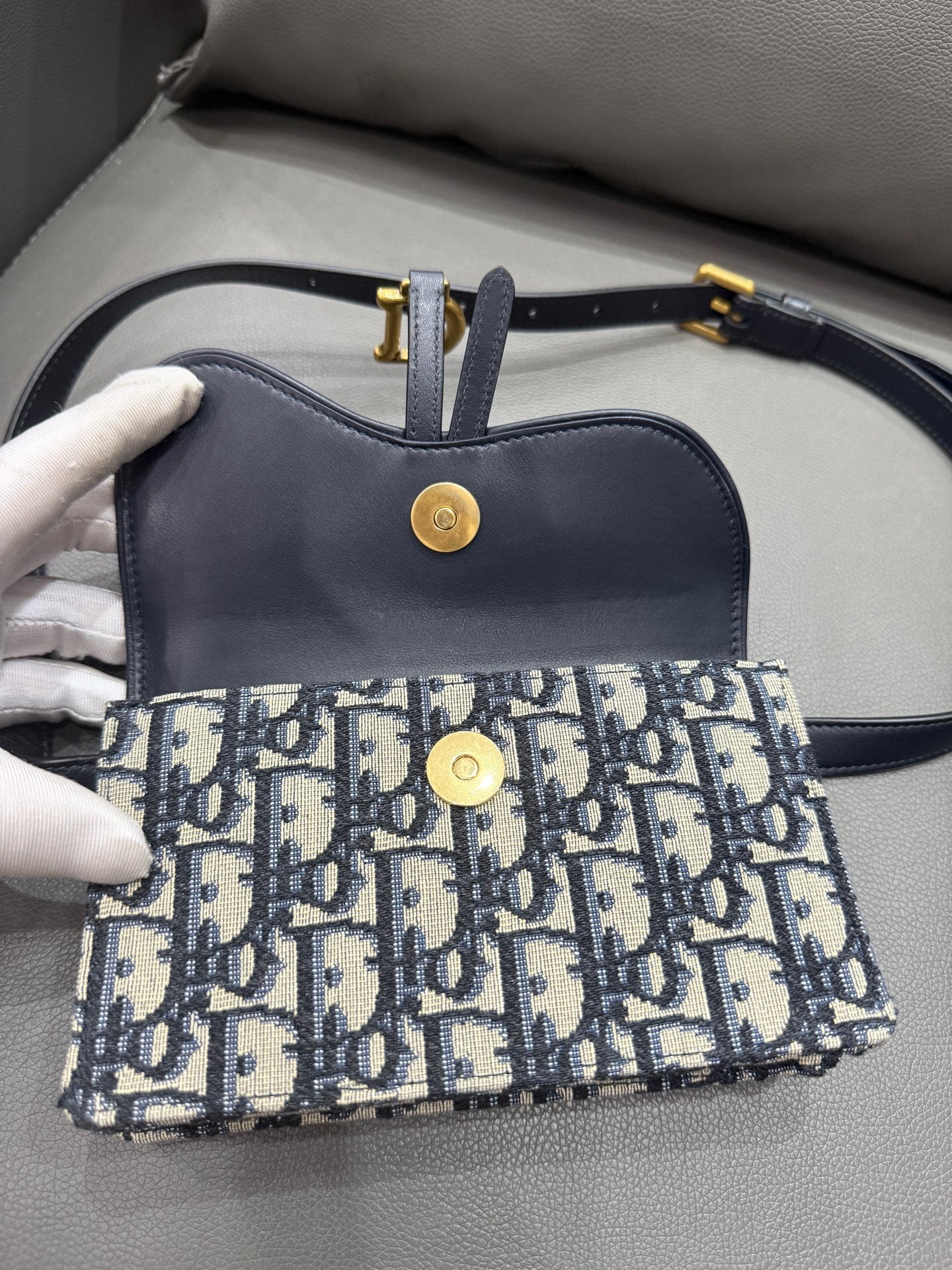 Dior - Saddle Belt Bag - Oblique embroidered canvas with leather trim - Navy - (mini)