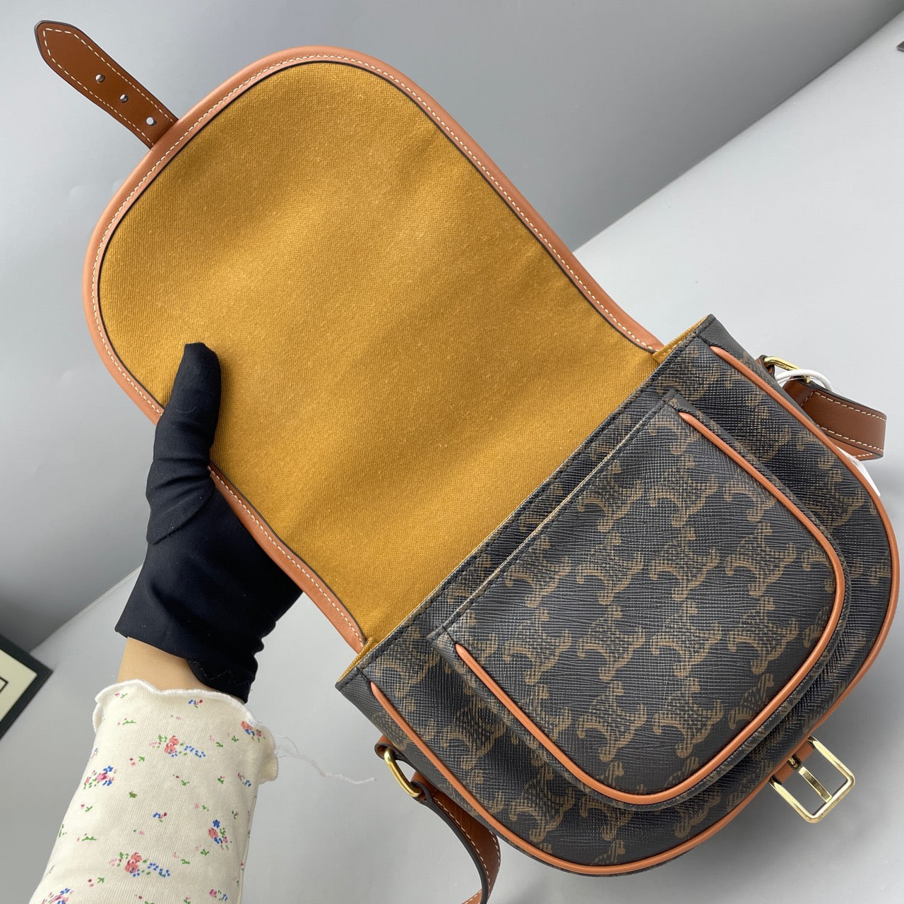 Celine - Triomphe Canvas Saddle Bag - Triomphe coated canvas with tan leather trim - Brown - (mini)