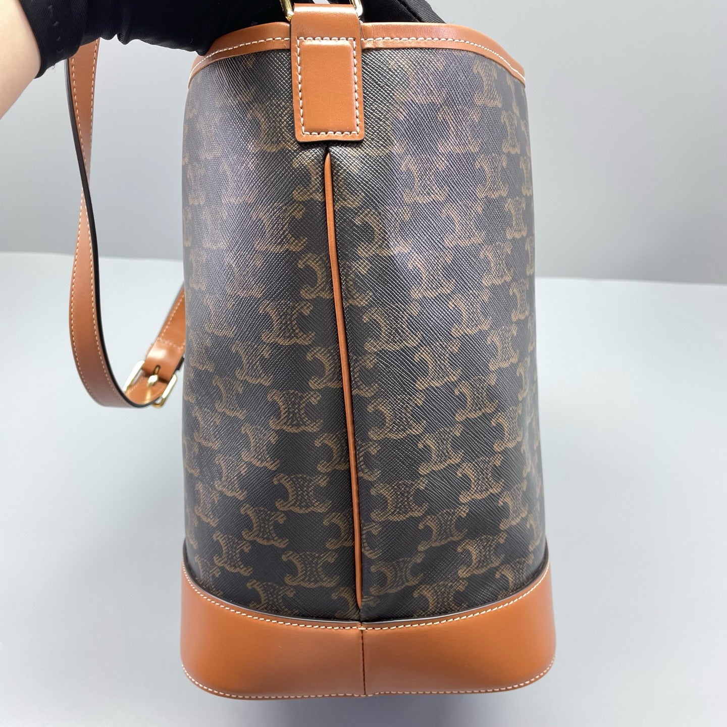 Celine - Triomphe Canvas Medium Bucket Bag - Triomphe coated canvas with calfskin leather trim - Brown - (Medium)