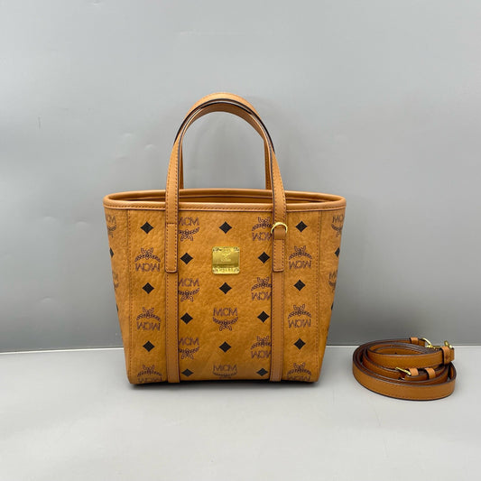 MCM - Mini Basket Tote - Visetos coated canvas with leather trim - Cognac - (mini)