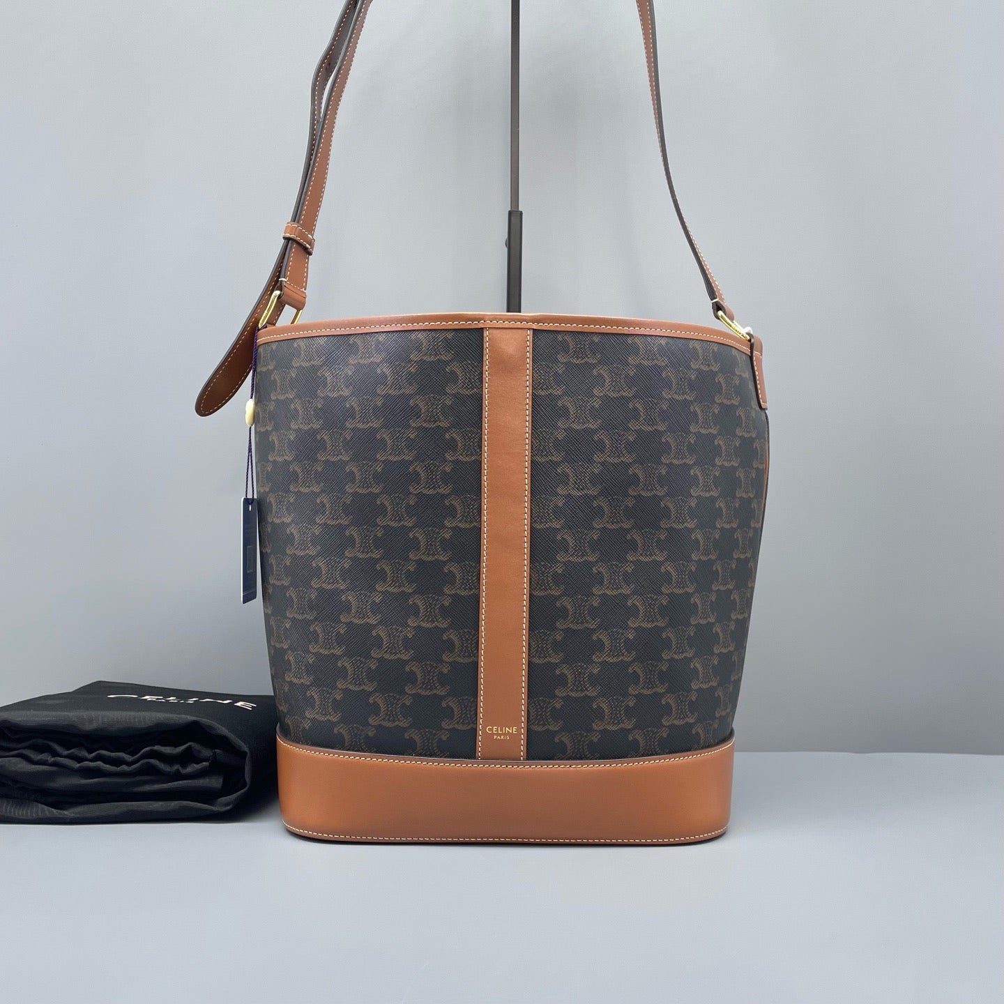 Celine - Triomphe Canvas Medium Bucket Bag - Triomphe coated canvas with calfskin leather trim - Brown - (Medium)