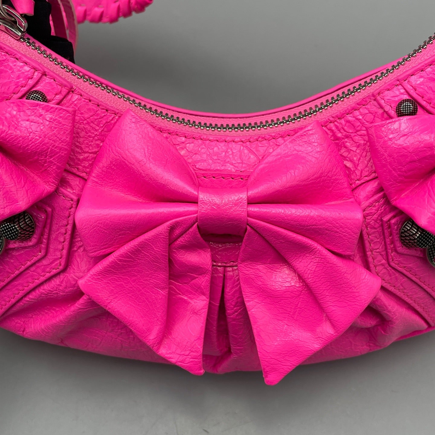 Balenciaga - Bow Detail Crescent Shoulder Bag - Distressed lambskin leather - Fuchsia - (Mini)