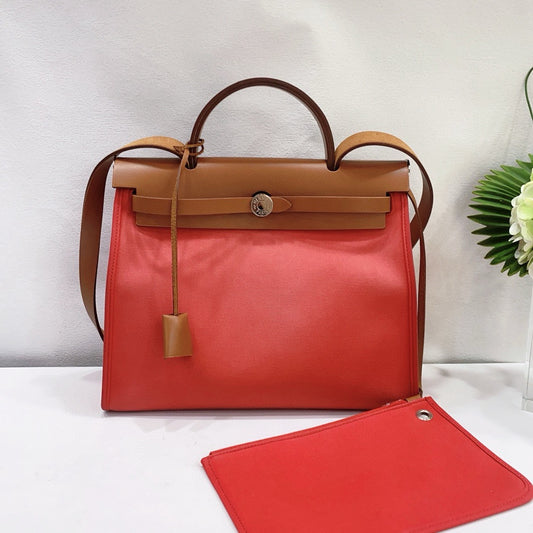 Hermès - Herbag Zip 31 - Toile H canvas with Vache Hunter leather - Red with Natural Barenia Leather - (Medium)