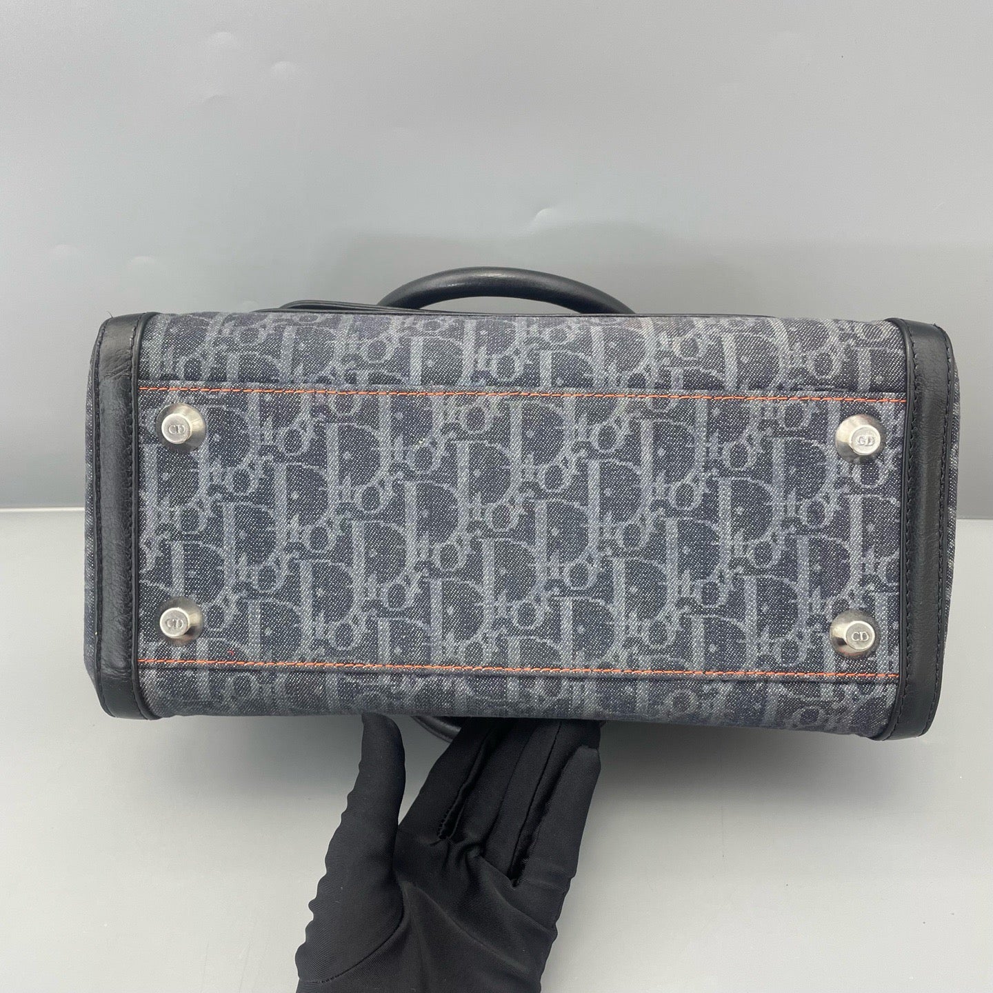 Dior - Vintage D-Ring Tote Bag - Denim and Leather - Washed Blue-Grey Denim with Black Leather and Orange Accents - (medium)
