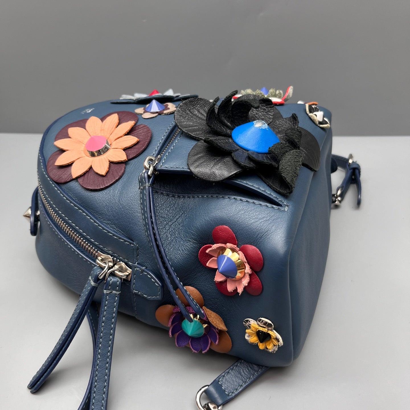 Fendi - Floral Studded Backpack (Model: 8BZ039-84T) - Leather - Navy - (mini)