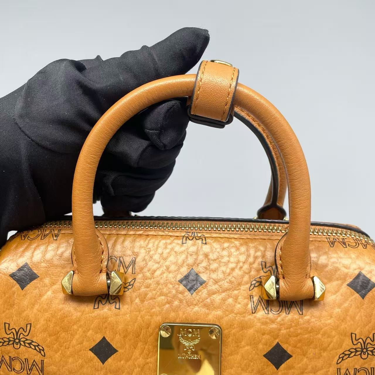 MCM - Visetos Mini Boston Bag - Visetos coated canvas and leather trim - Cognac - (mini)