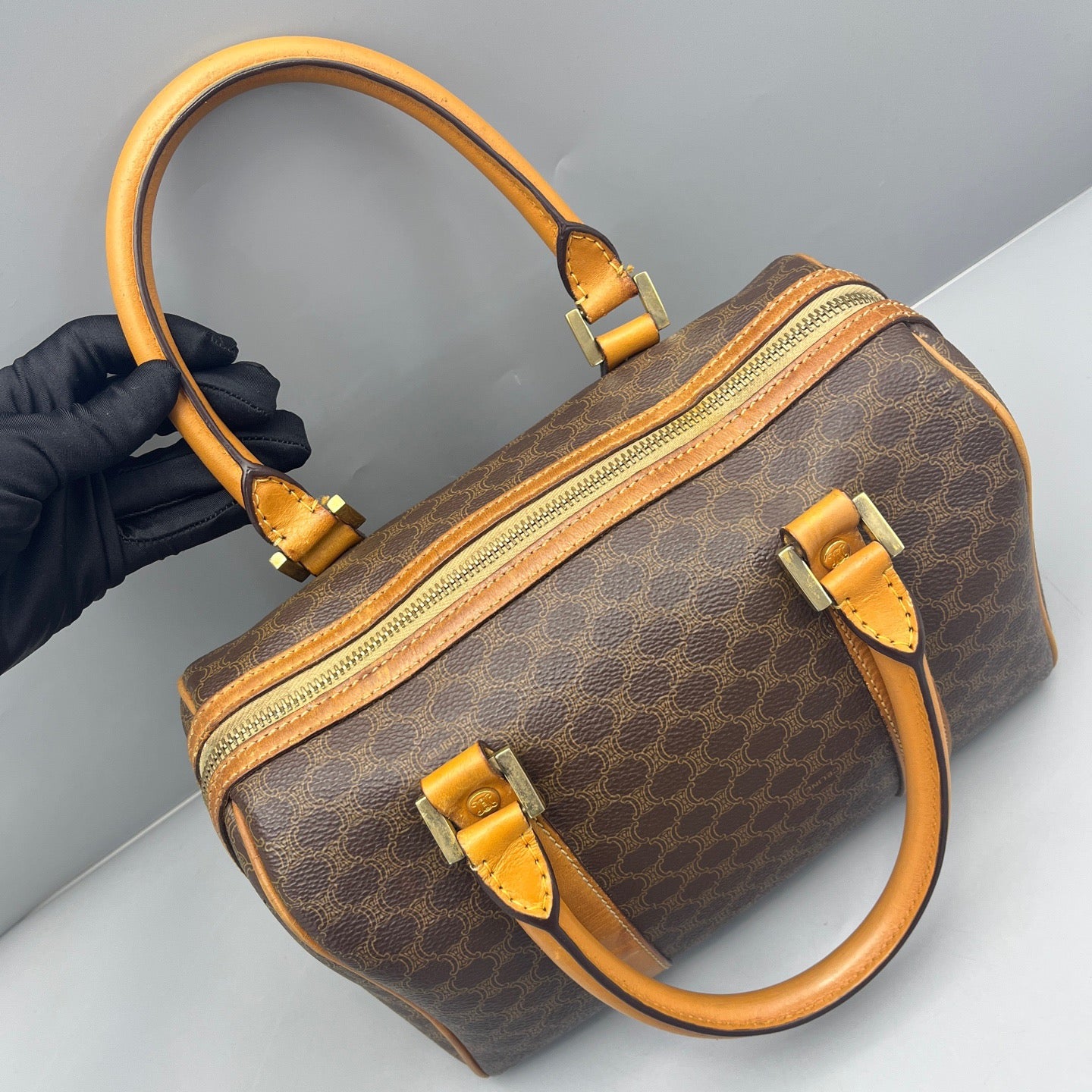 Celine - Boston Bag Small - Triomphe coated canvas with Vachetta leather trim - Brown with tan leather trim - (Small)