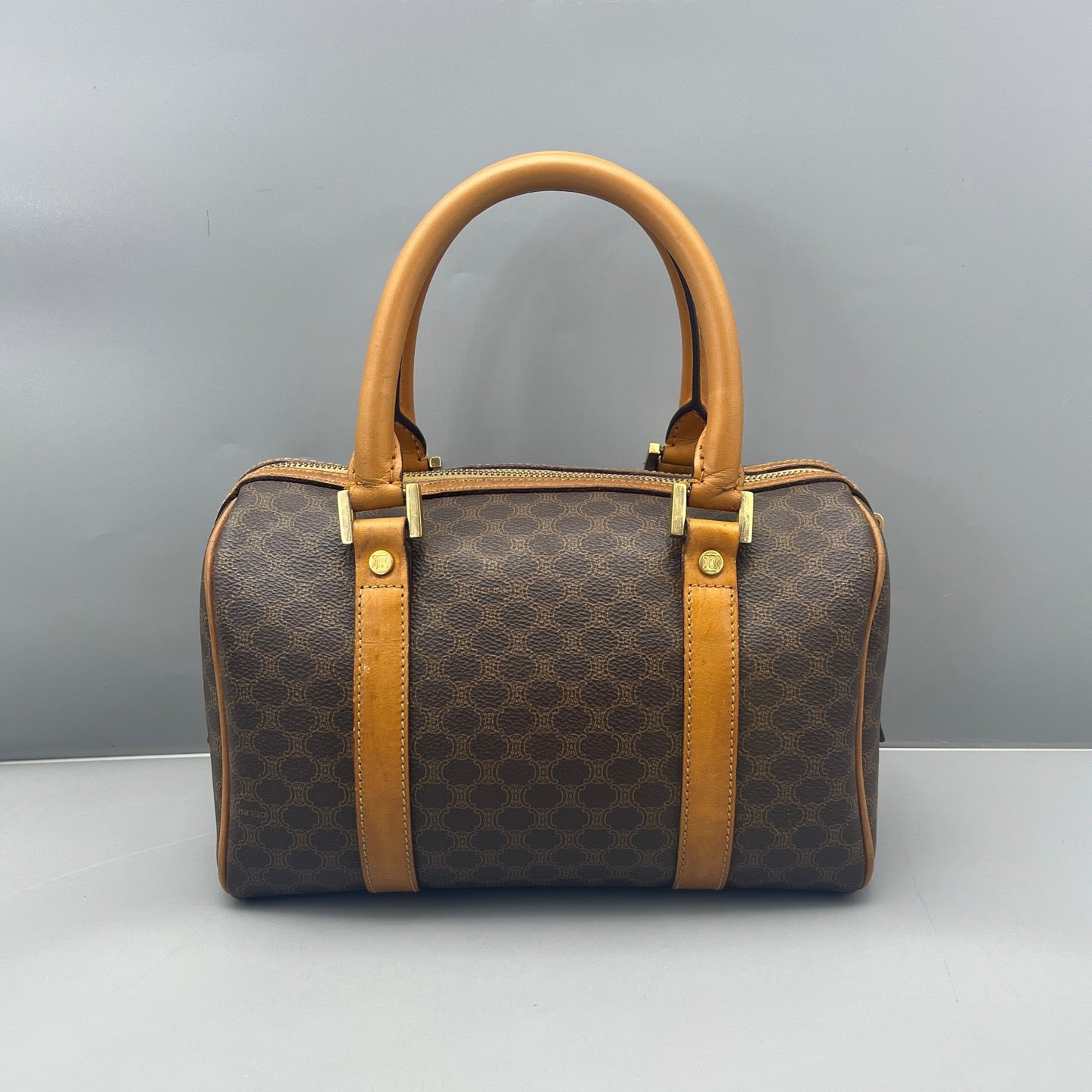 Celine - Boston Bag Small - Triomphe coated canvas with Vachetta leather trim - Brown with tan leather trim - (Small)