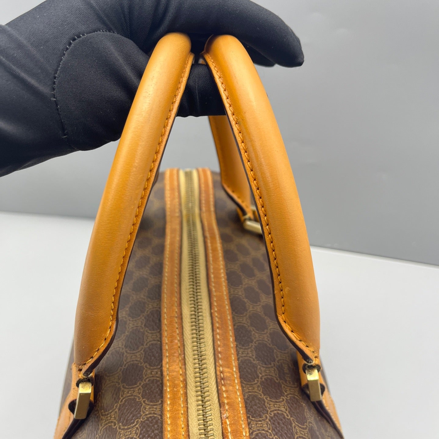 Celine - Boston Bag Small - Triomphe coated canvas with Vachetta leather trim - Brown with tan leather trim - (Small)