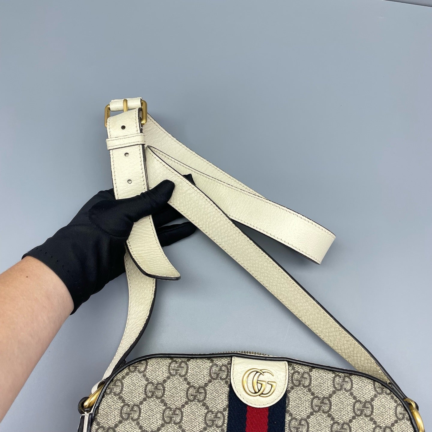 Gucci - Ophidia GG Camera Bag - GG Supreme coated canvas with leather trim - Beige with white trim - (medium)