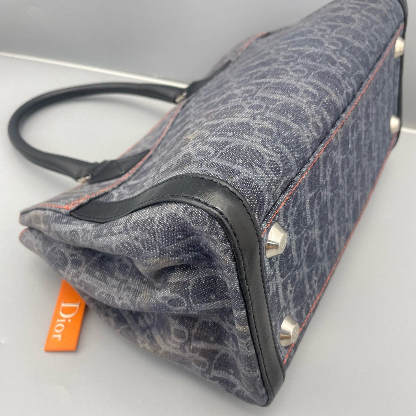 Dior - Vintage D-Ring Tote Bag - Denim and Leather - Washed Blue-Grey Denim with Black Leather and Orange Accents - (medium)