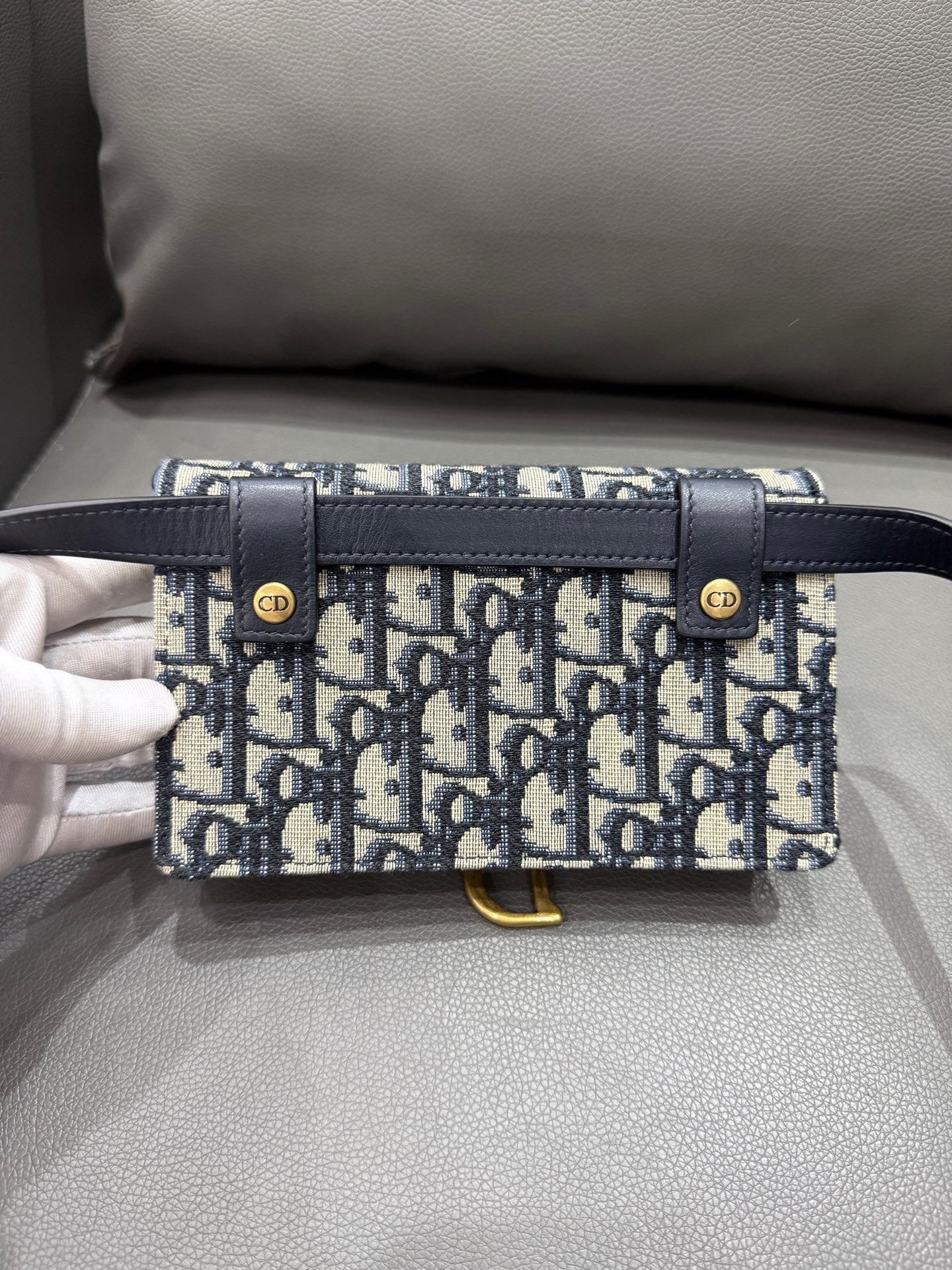 Dior - Saddle Belt Bag - Oblique embroidered canvas with leather trim - Navy - (mini)