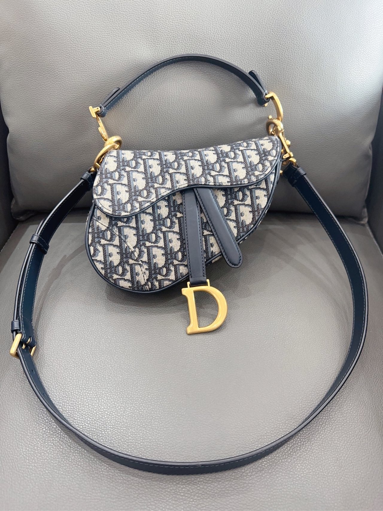 Dior - Saddle Bag - Oblique canvas with leather trim - Navy - (small)