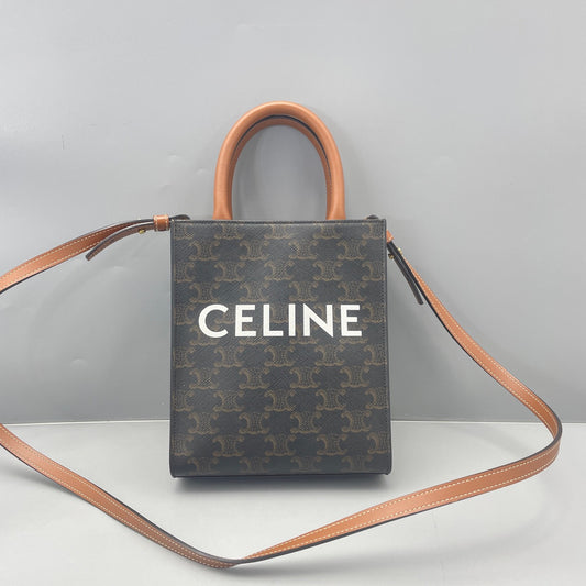 Celine - Mini Vertical Cabas - Triomphe coated canvas and leather - Brown - (mini)