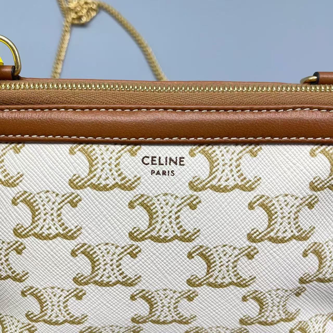 Celine - Triomphe Shell Bag - Triomphe Canvas with leather trim - White and Brown - (mini)