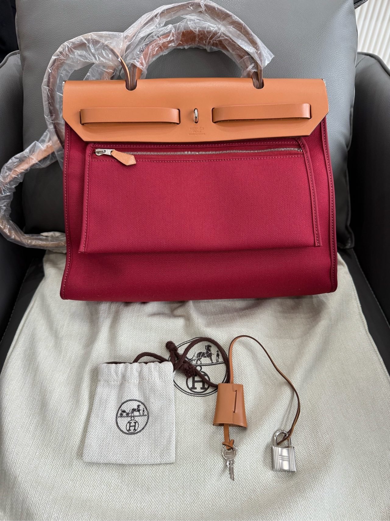 Hermès - Herbag 31 - Toile Officier canvas with Vachetta leather trim - Rouge H (Red) with Natural (Tan) leather and Palladium-plated hardware - (medium)