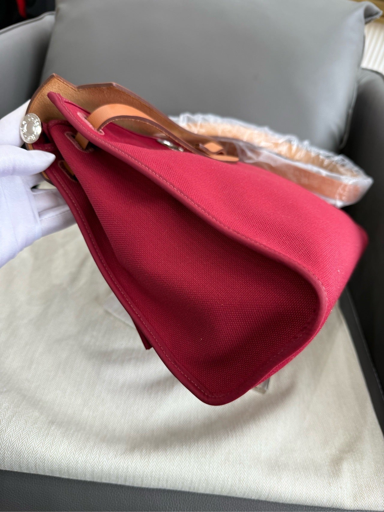 Hermès - Herbag 31 - Toile Officier canvas with Vachetta leather trim - Rouge H (Red) with Natural (Tan) leather and Palladium-plated hardware - (medium)