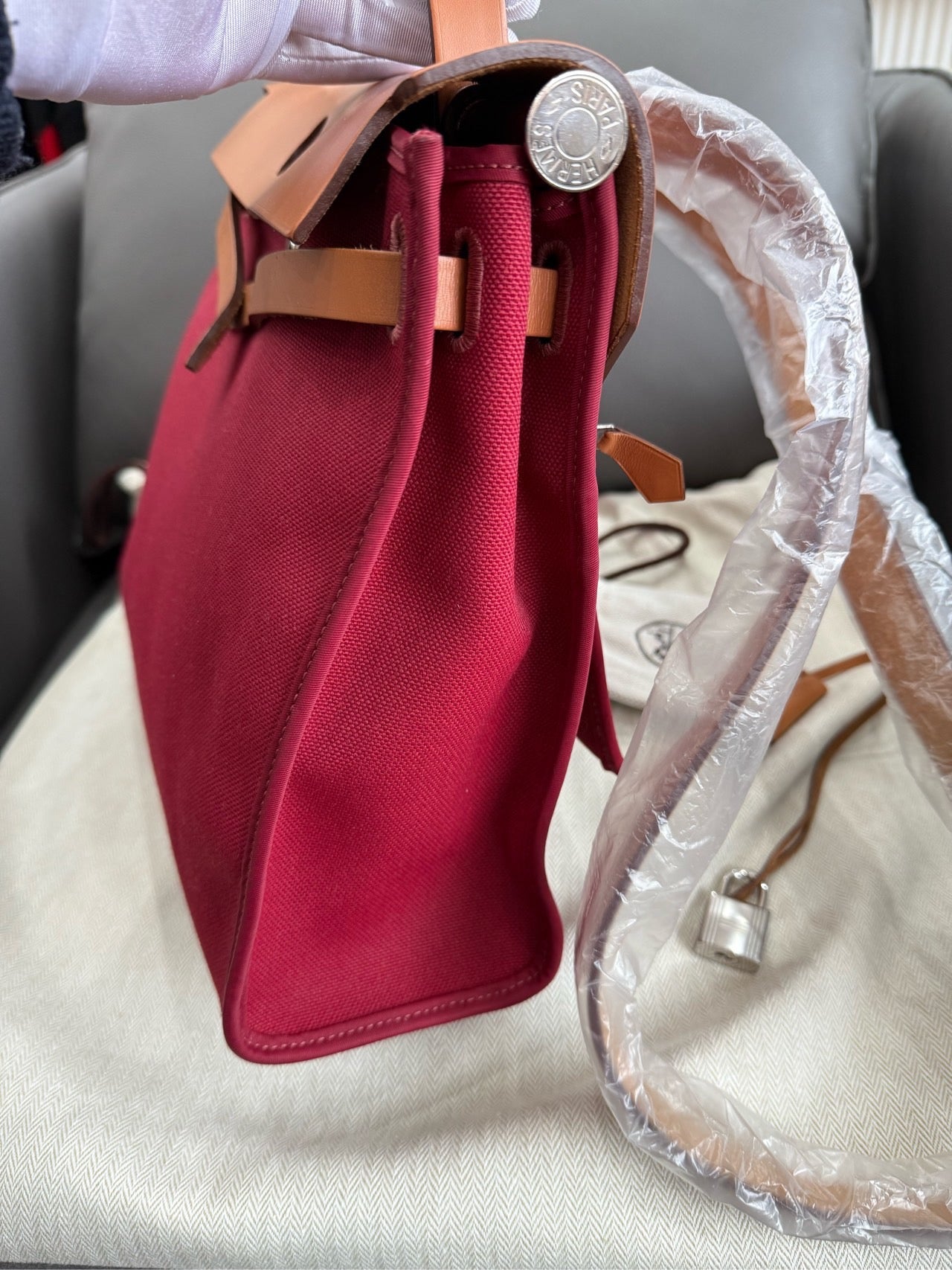 Hermès - Herbag 31 - Toile Officier canvas with Vachetta leather trim - Rouge H (Red) with Natural (Tan) leather and Palladium-plated hardware - (medium)