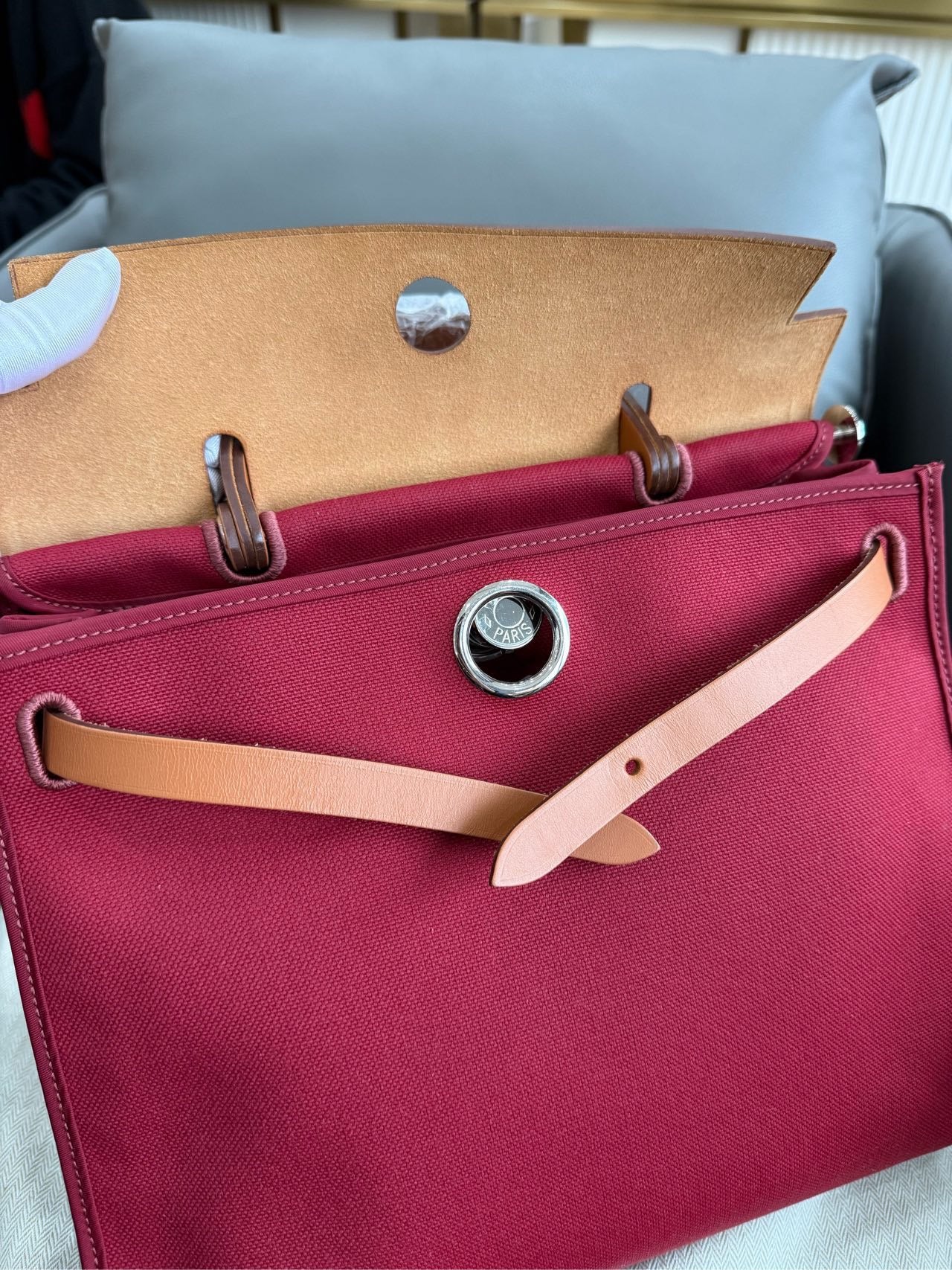 Hermès - Herbag 31 - Toile Officier canvas with Vachetta leather trim - Rouge H (Red) with Natural (Tan) leather and Palladium-plated hardware - (medium)