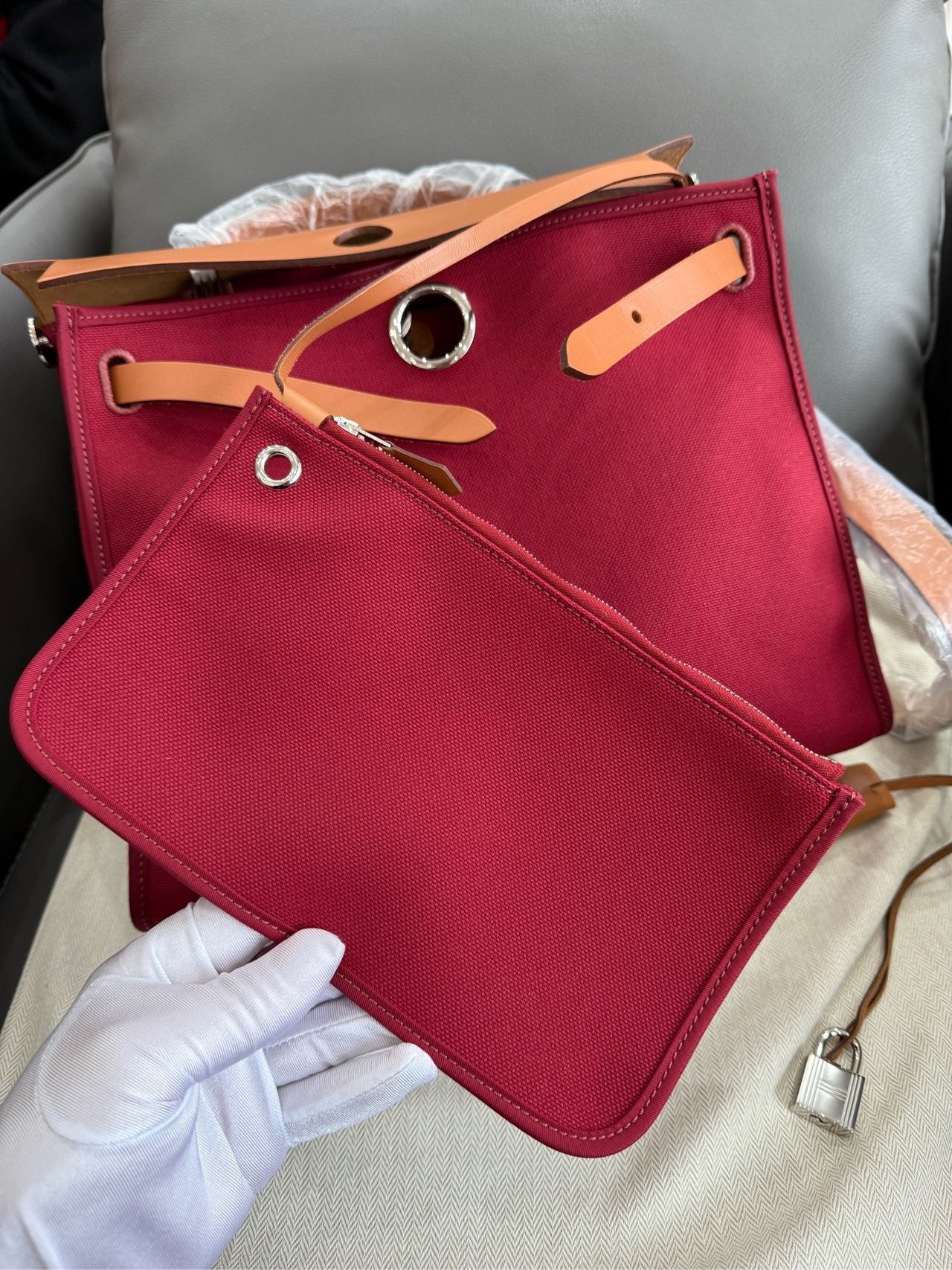 Hermès - Herbag 31 - Toile Officier canvas with Vachetta leather trim - Rouge H (Red) with Natural (Tan) leather and Palladium-plated hardware - (medium)