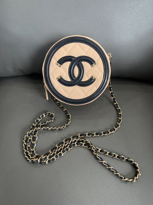 Chanel - Mini Round Crossbody Bag - Caviar leather - Beige and Black - (mini)