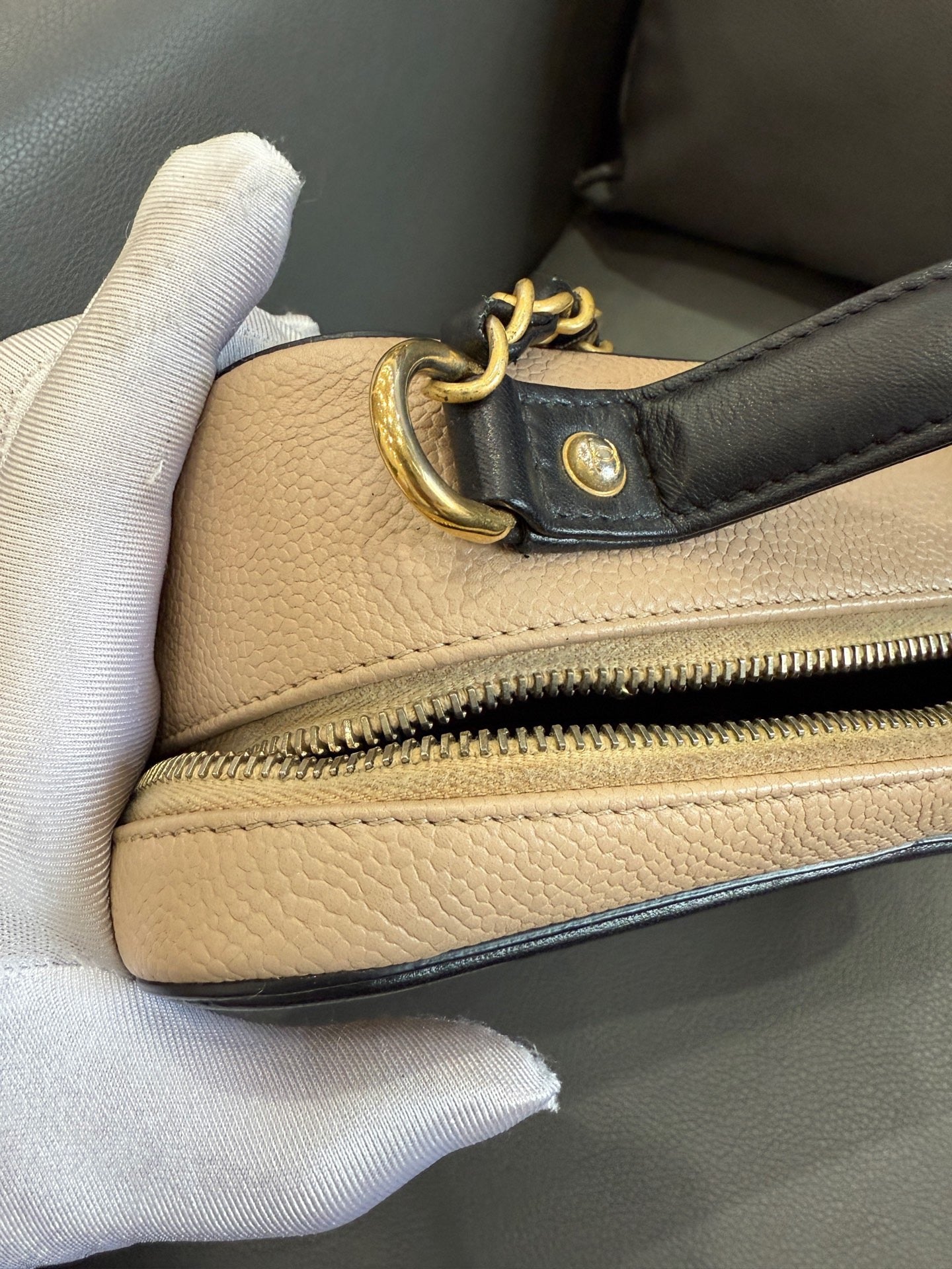 Chanel - Camera Bag - Grained calfskin leather - Beige with Black accents and Gold-tone Hardware - (medium)