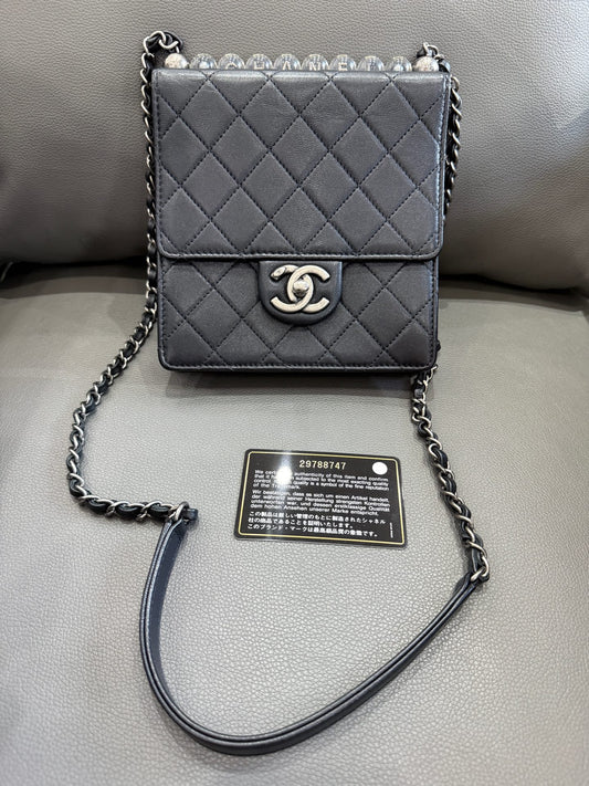 Chanel - Classic Flap (Vertical with Pearls) - Grained Calfskin Leather with Transparent Acrylic Pearls - Black with Silver-Tone Hardware - (mini)