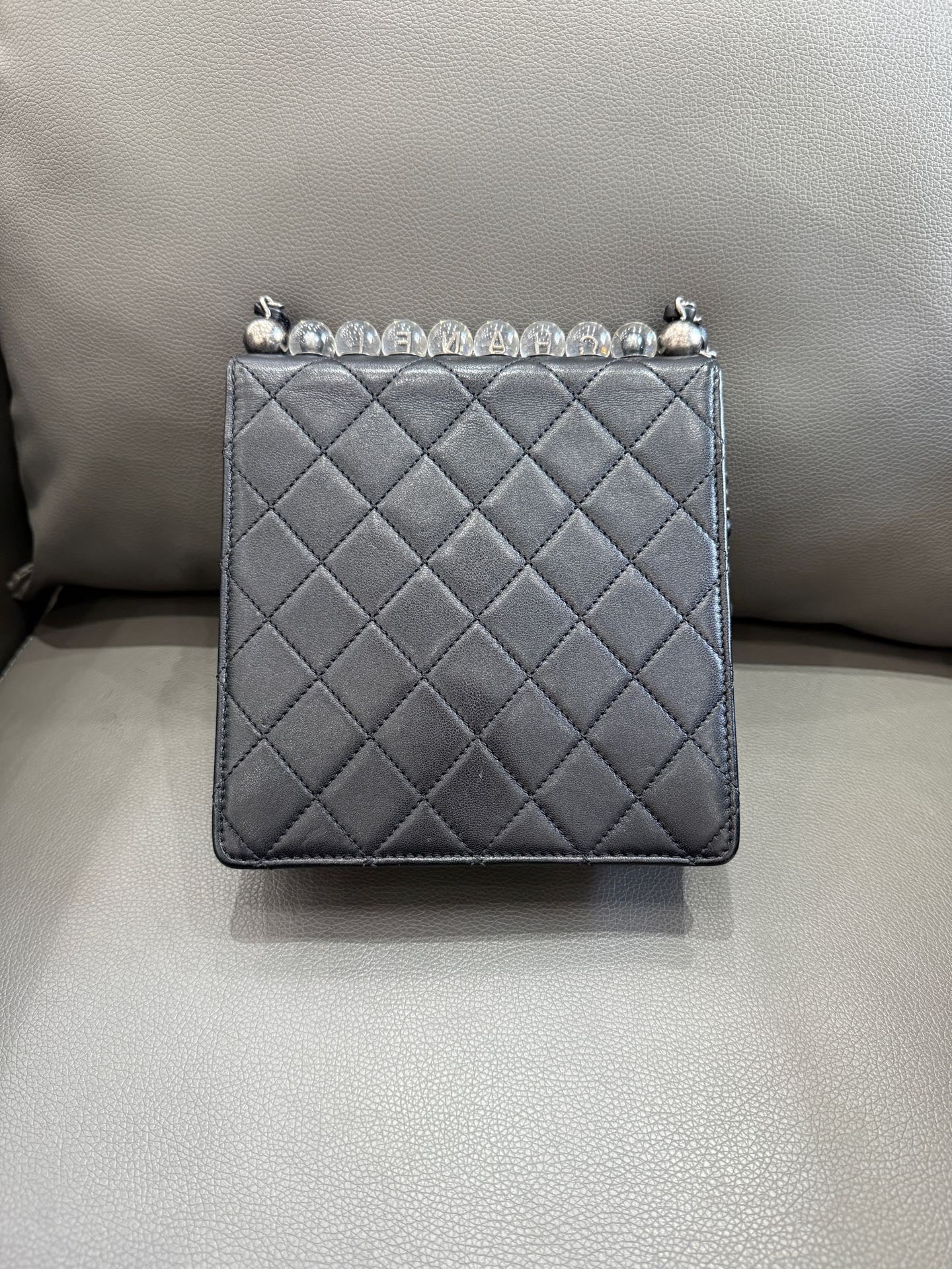 Chanel - Classic Flap (Vertical with Pearls) - Grained Calfskin Leather with Transparent Acrylic Pearls - Black with Silver-Tone Hardware - (mini)