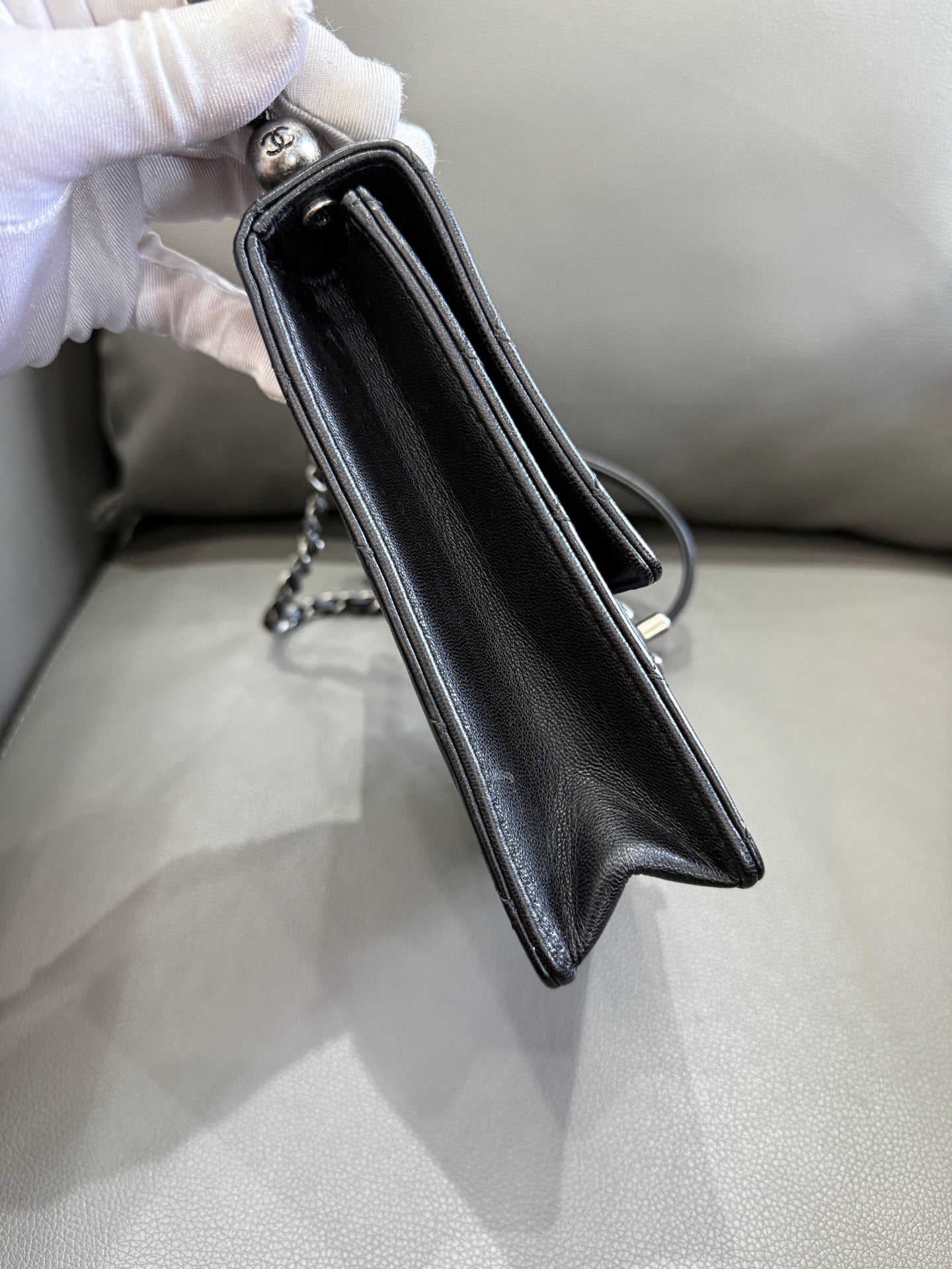 Chanel - Classic Flap (Vertical with Pearls) - Grained Calfskin Leather with Transparent Acrylic Pearls - Black with Silver-Tone Hardware - (mini)