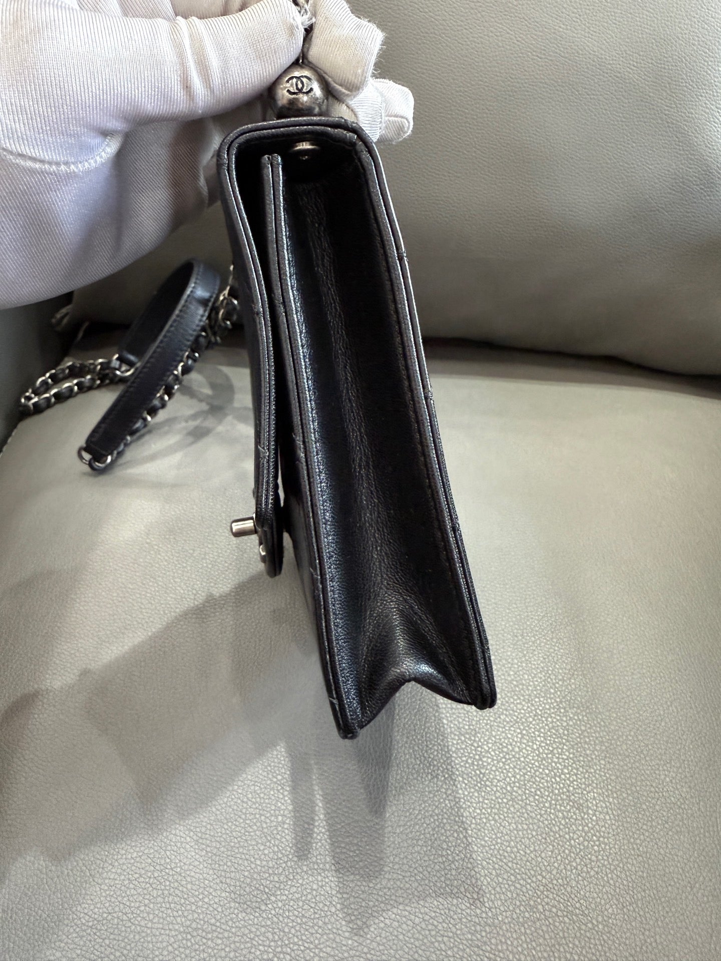 Chanel - Classic Flap (Vertical with Pearls) - Grained Calfskin Leather with Transparent Acrylic Pearls - Black with Silver-Tone Hardware - (mini)