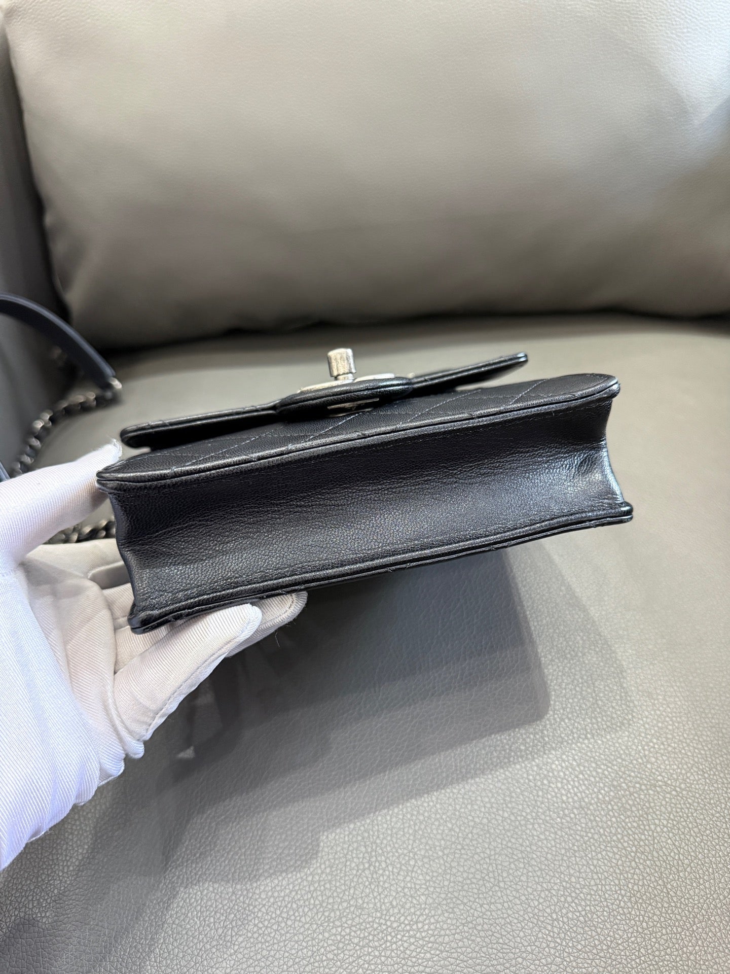 Chanel - Classic Flap (Vertical with Pearls) - Grained Calfskin Leather with Transparent Acrylic Pearls - Black with Silver-Tone Hardware - (mini)