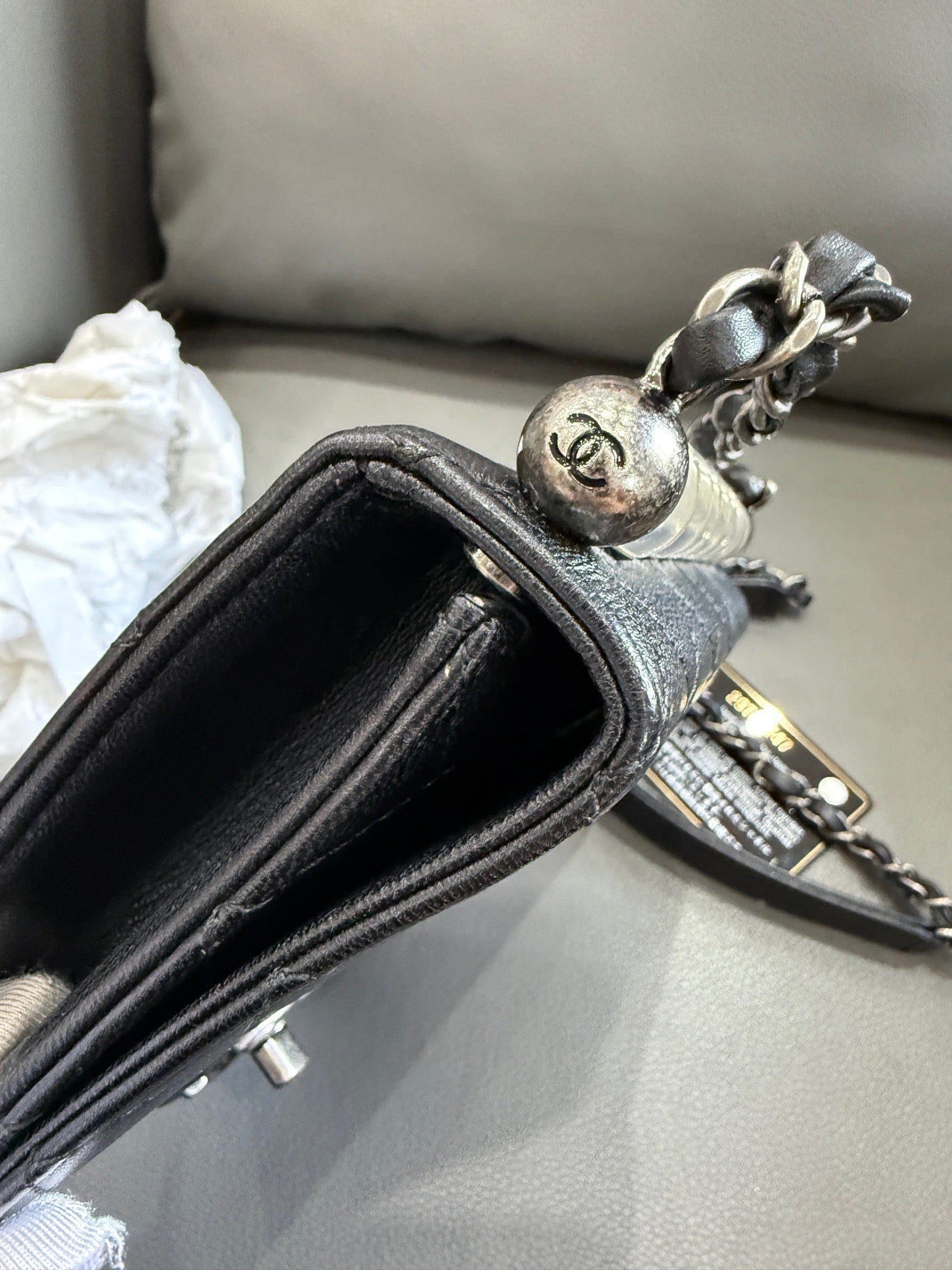 Chanel - Classic Flap (Vertical with Pearls) - Grained Calfskin Leather with Transparent Acrylic Pearls - Black with Silver-Tone Hardware - (mini)