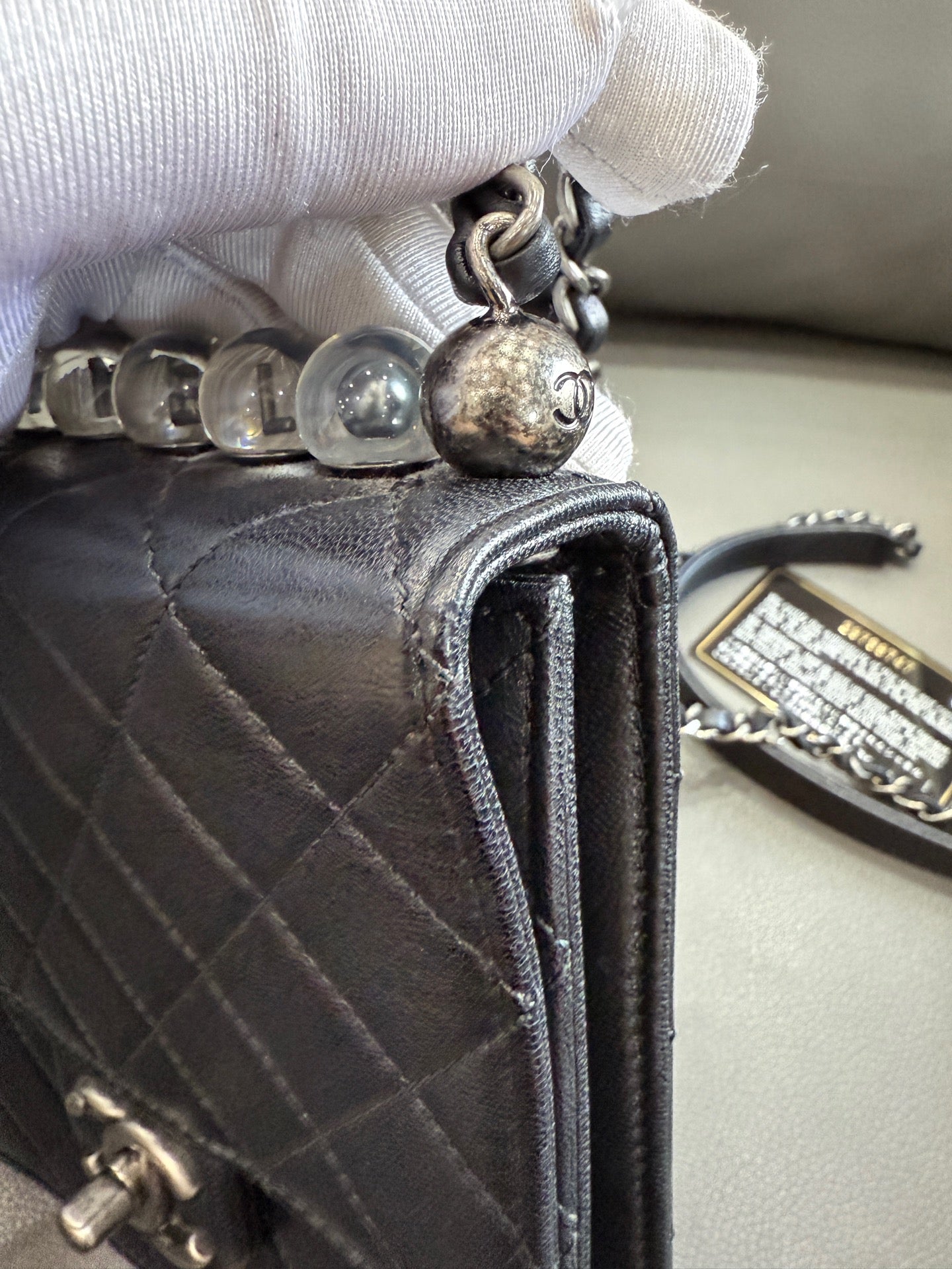 Chanel - Classic Flap (Vertical with Pearls) - Grained Calfskin Leather with Transparent Acrylic Pearls - Black with Silver-Tone Hardware - (mini)