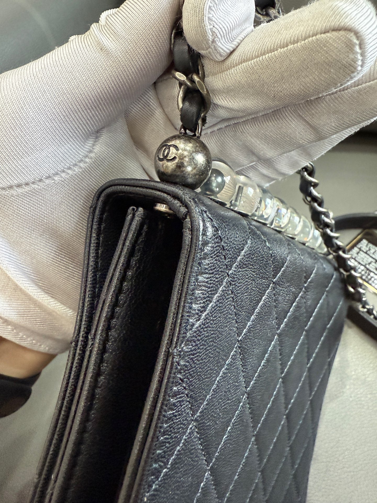 Chanel - Classic Flap (Vertical with Pearls) - Grained Calfskin Leather with Transparent Acrylic Pearls - Black with Silver-Tone Hardware - (mini)