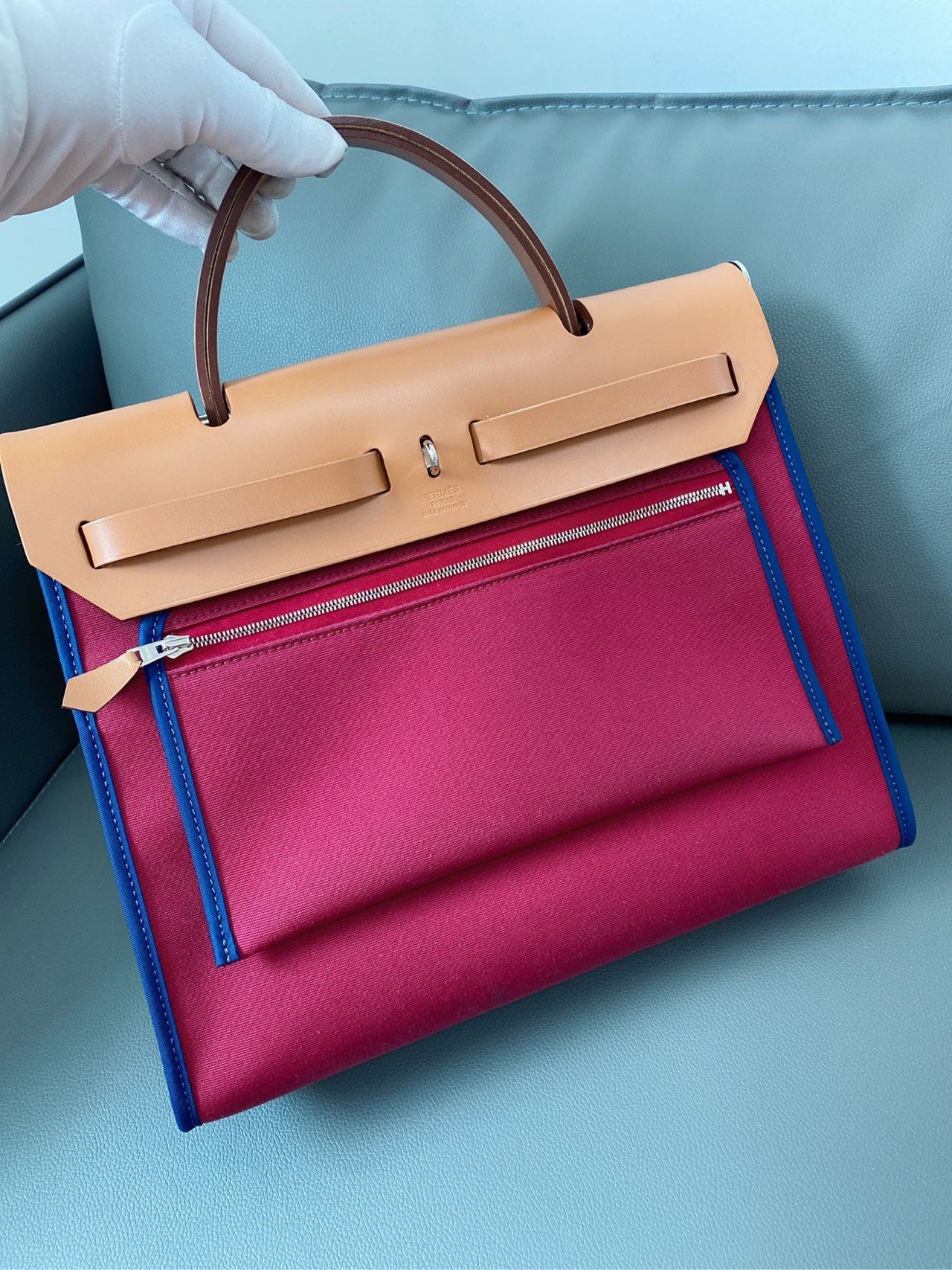 Hermès - Herbag 31 - Toile Officier canvas with Vachetta leather trim - Rouge H (Red) canvas with natural (Camel) leather and Blue piping - (medium)