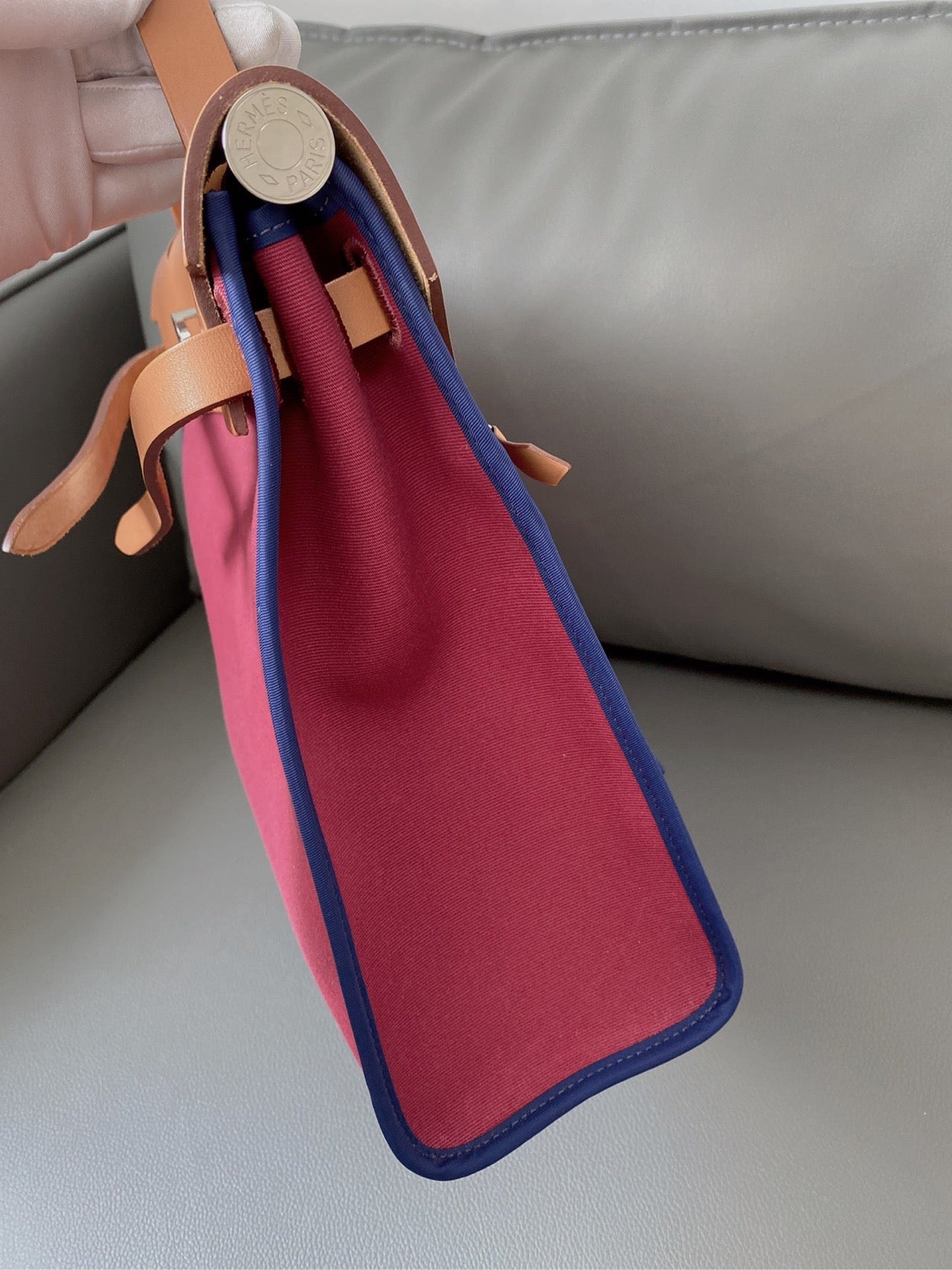 Hermès - Herbag 31 - Toile Officier canvas with Vachetta leather trim - Rouge H (Red) canvas with natural (Camel) leather and Blue piping - (medium)