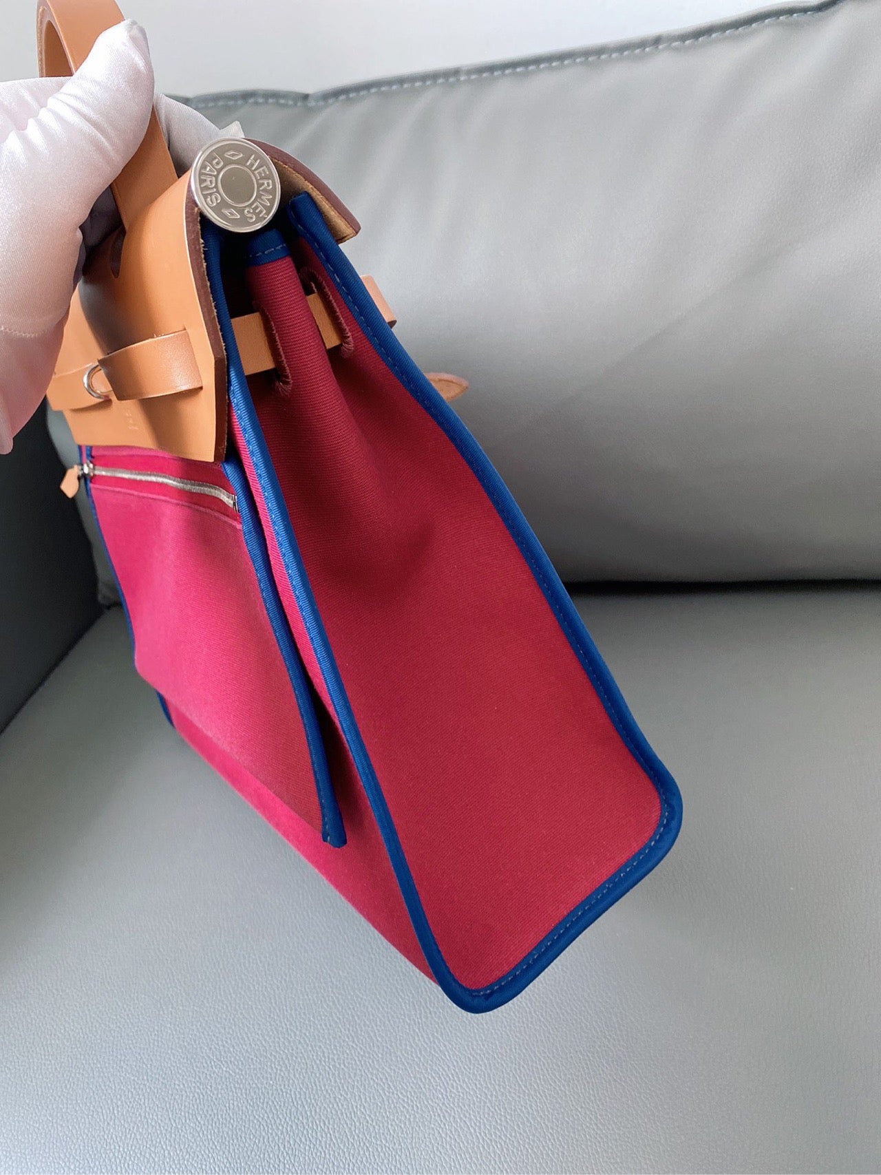 Hermès - Herbag 31 - Toile Officier canvas with Vachetta leather trim - Rouge H (Red) canvas with natural (Camel) leather and Blue piping - (medium)