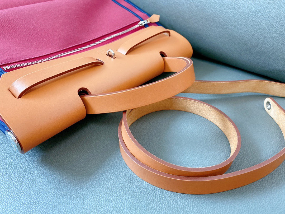 Hermès - Herbag 31 - Toile Officier canvas with Vachetta leather trim - Rouge H (Red) canvas with natural (Camel) leather and Blue piping - (medium)