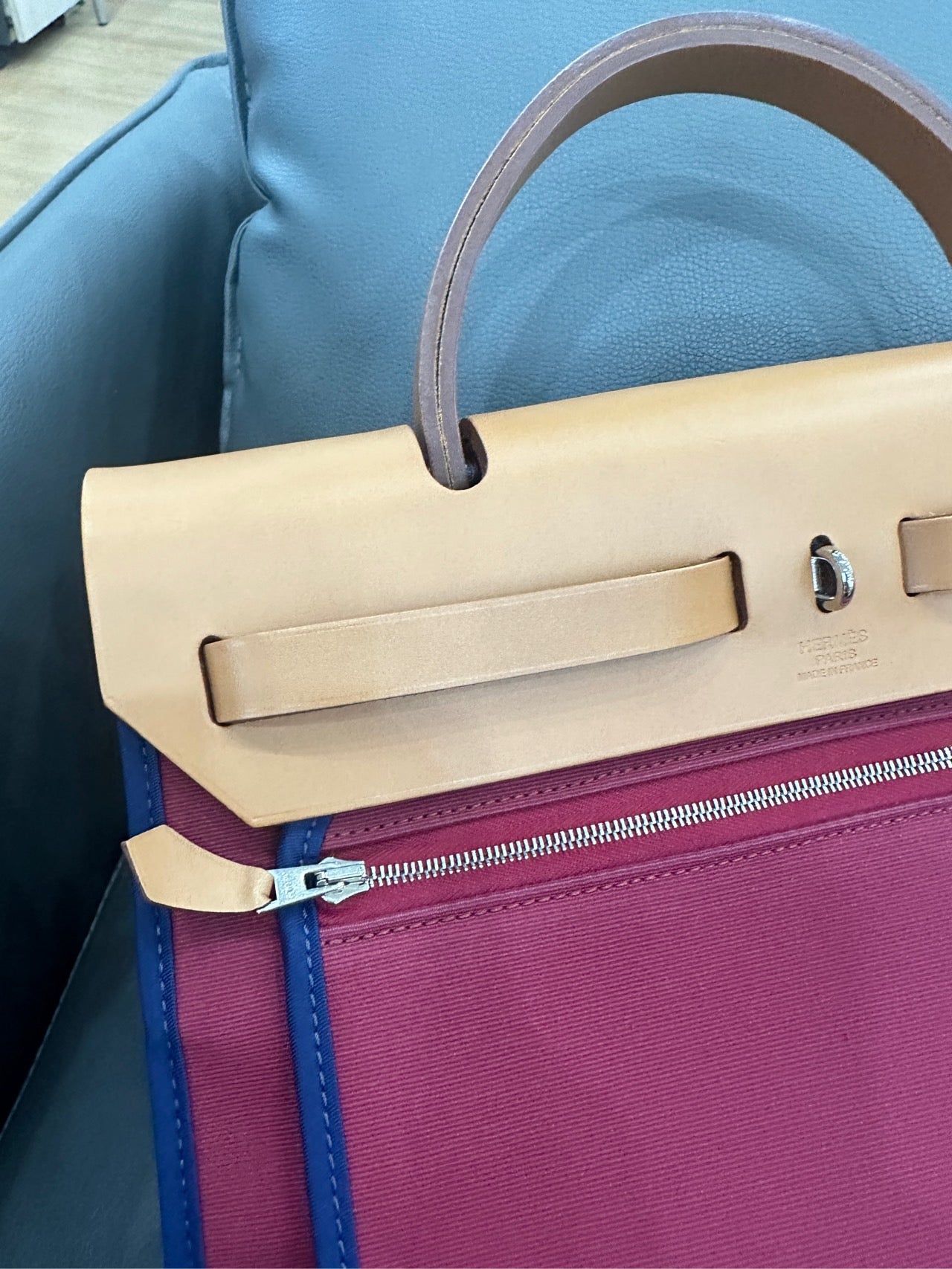 Hermès - Herbag 31 - Toile Officier canvas with Vachetta leather trim - Rouge H (Red) canvas with natural (Camel) leather and Blue piping - (medium)