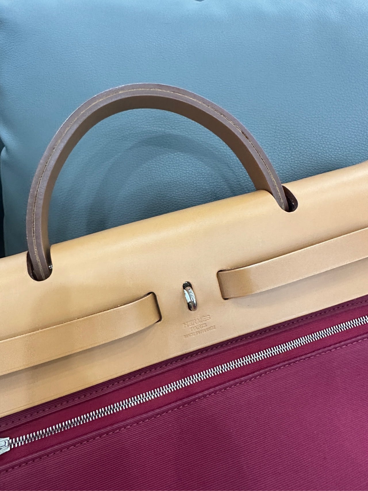 Hermès - Herbag 31 - Toile Officier canvas with Vachetta leather trim - Rouge H (Red) canvas with natural (Camel) leather and Blue piping - (medium)