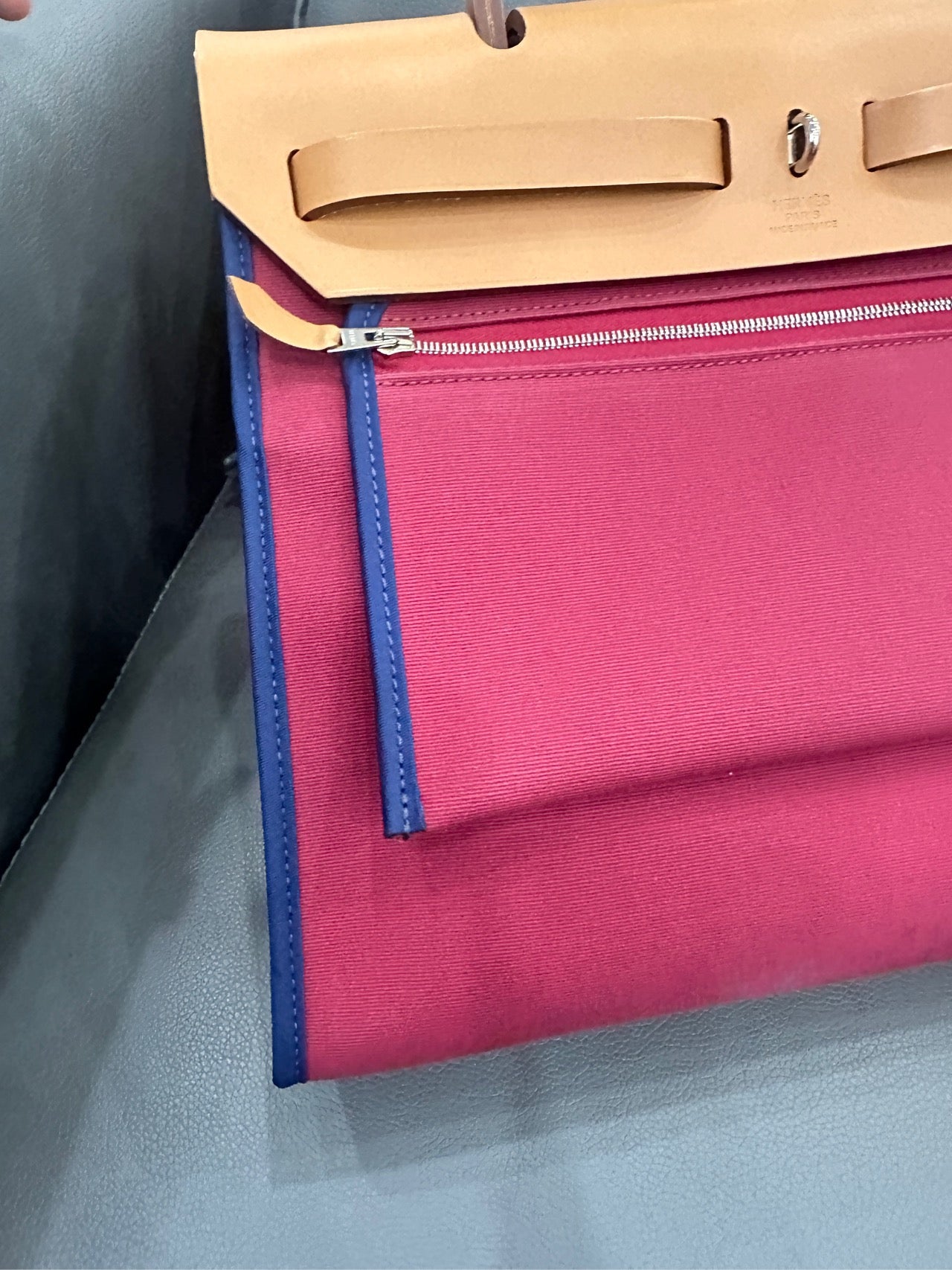 Hermès - Herbag 31 - Toile Officier canvas with Vachetta leather trim - Rouge H (Red) canvas with natural (Camel) leather and Blue piping - (medium)