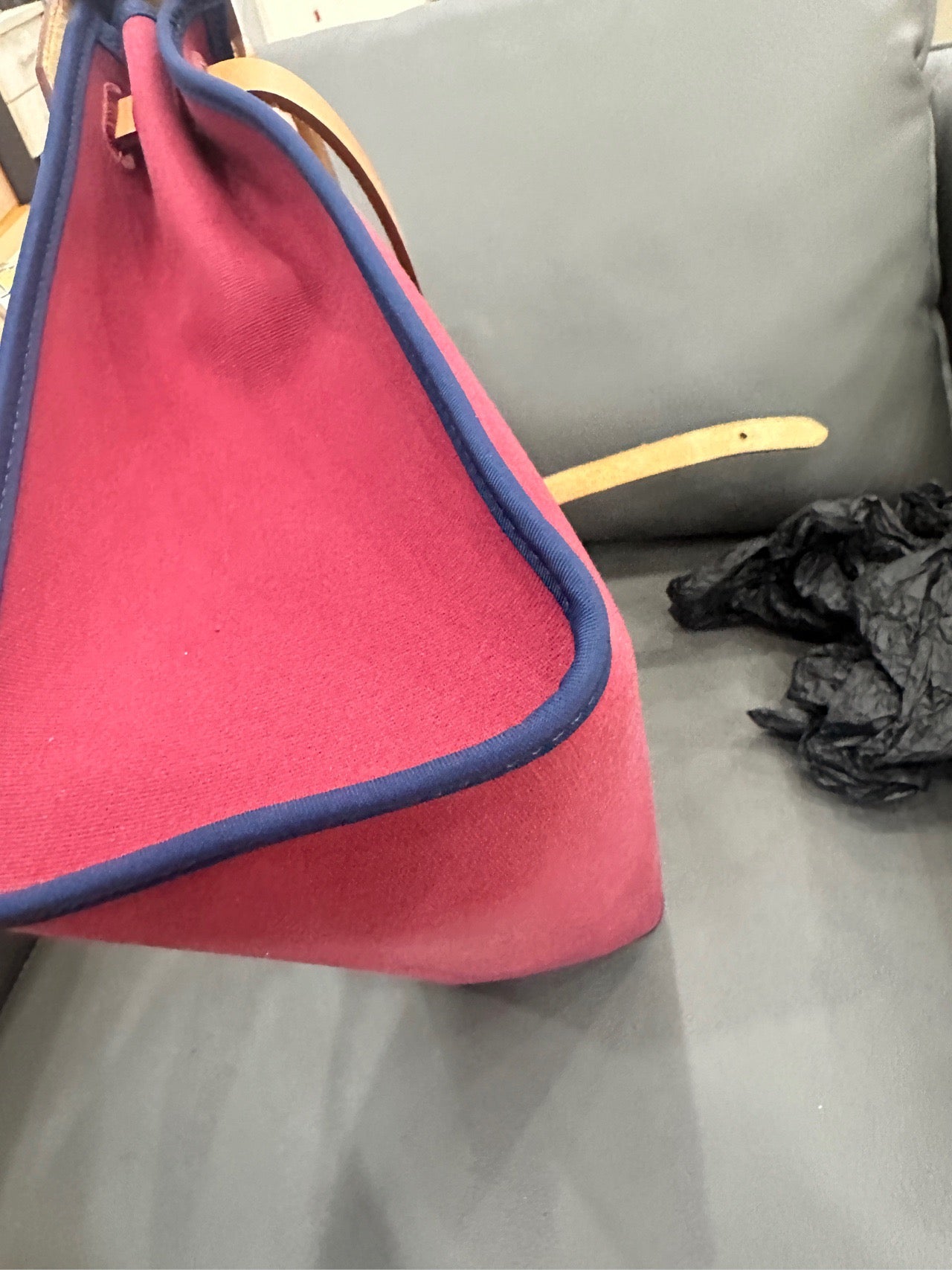 Hermès - Herbag 31 - Toile Officier canvas with Vachetta leather trim - Rouge H (Red) canvas with natural (Camel) leather and Blue piping - (medium)